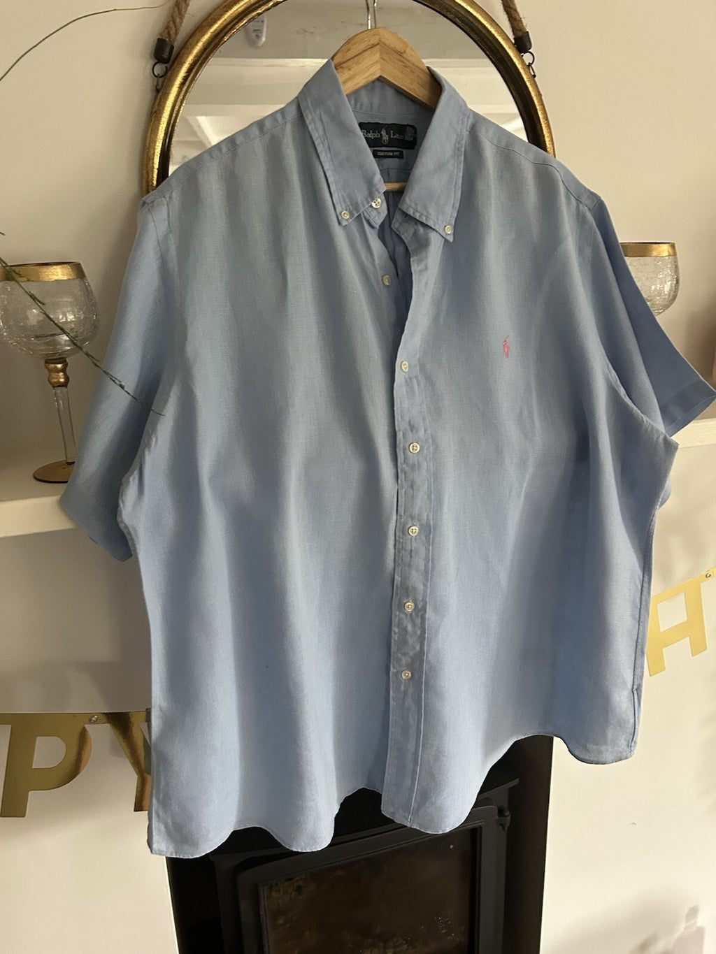 Ralph Lauren 100% Linen Light Blue Short-Sleeved Shirt, Size XXL
