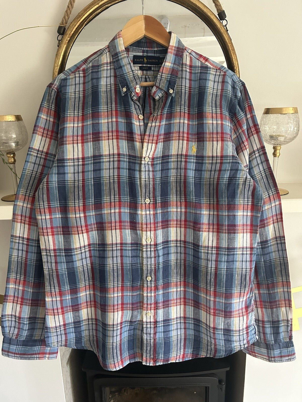Ralph Lauren 100% Linen Blue And Red Check Long-Sleeved Shirt, Size L- Slim Fit