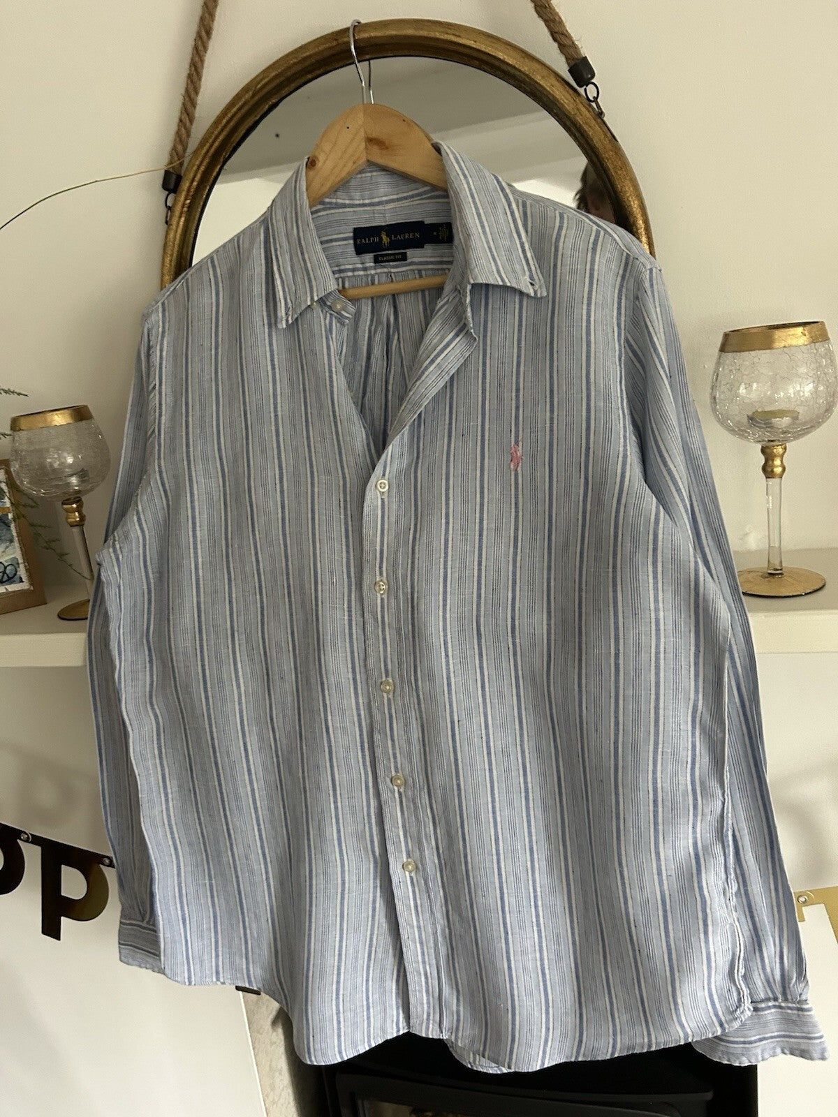 Ralph Lauren 100% Linen Blue And White Striped Long-Sleeved Shirt, Size M