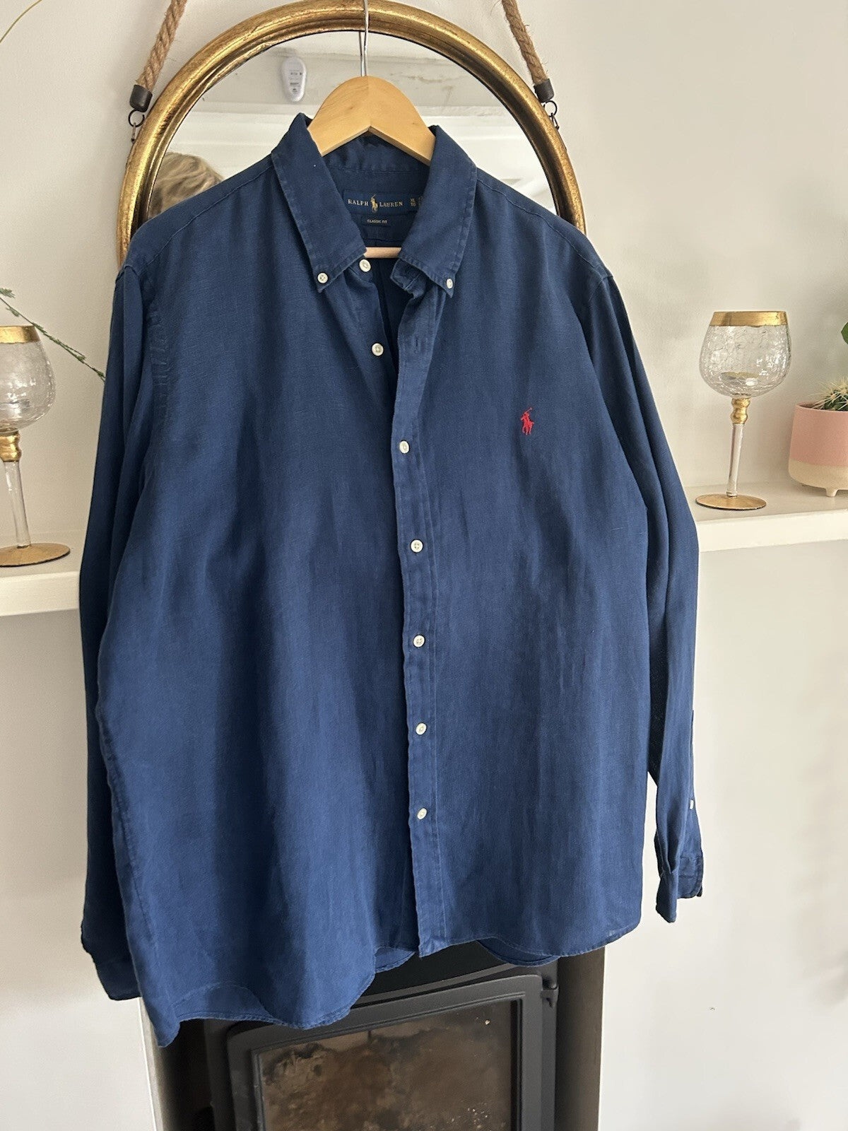 Ralph Lauren 100% Linen Navy Long-Sleeved Shirt, Size XL