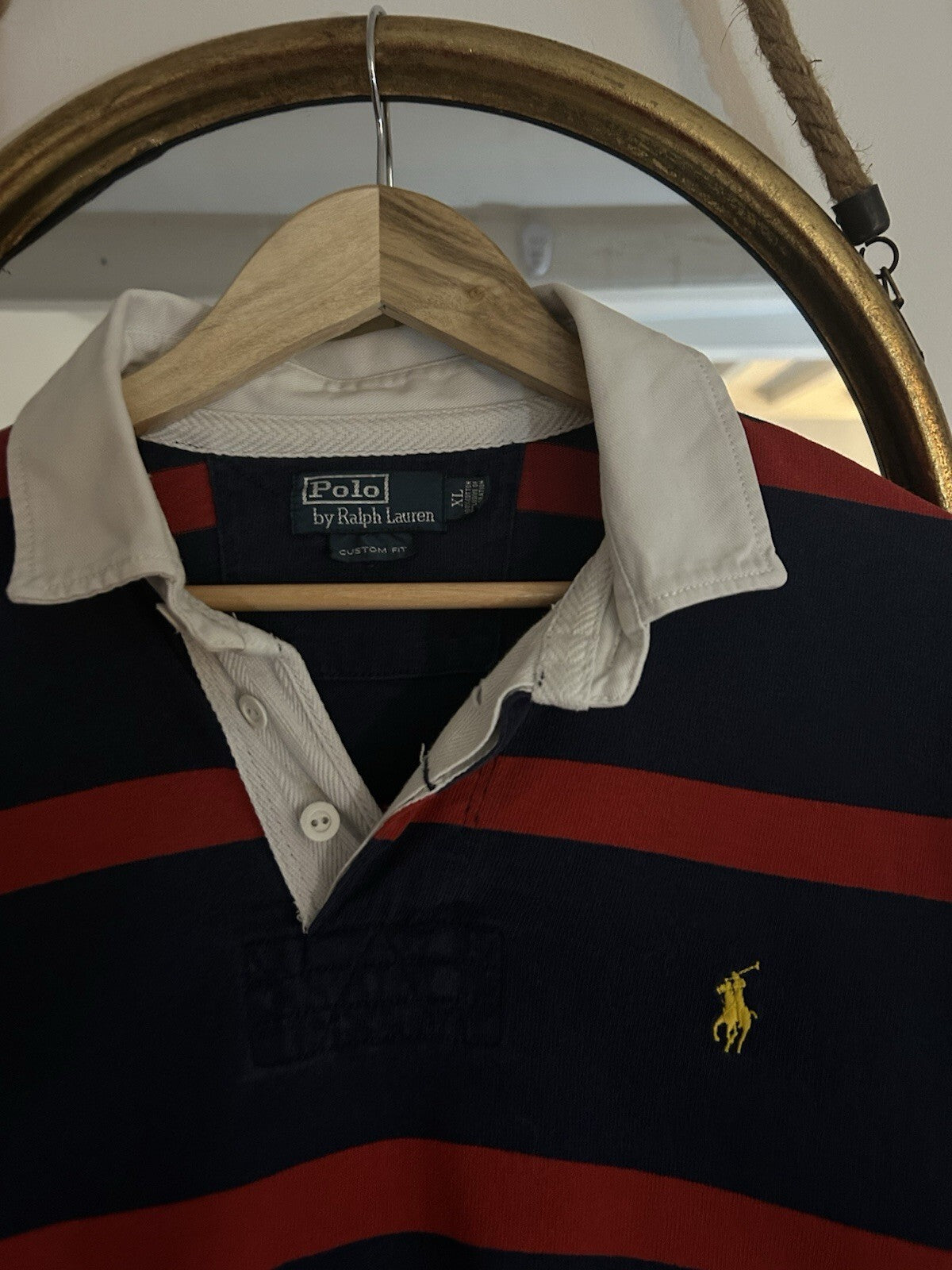 Ralph Lauren Navy And Red Striped, Yellow Embroidered Rugby Shirt, Size XL