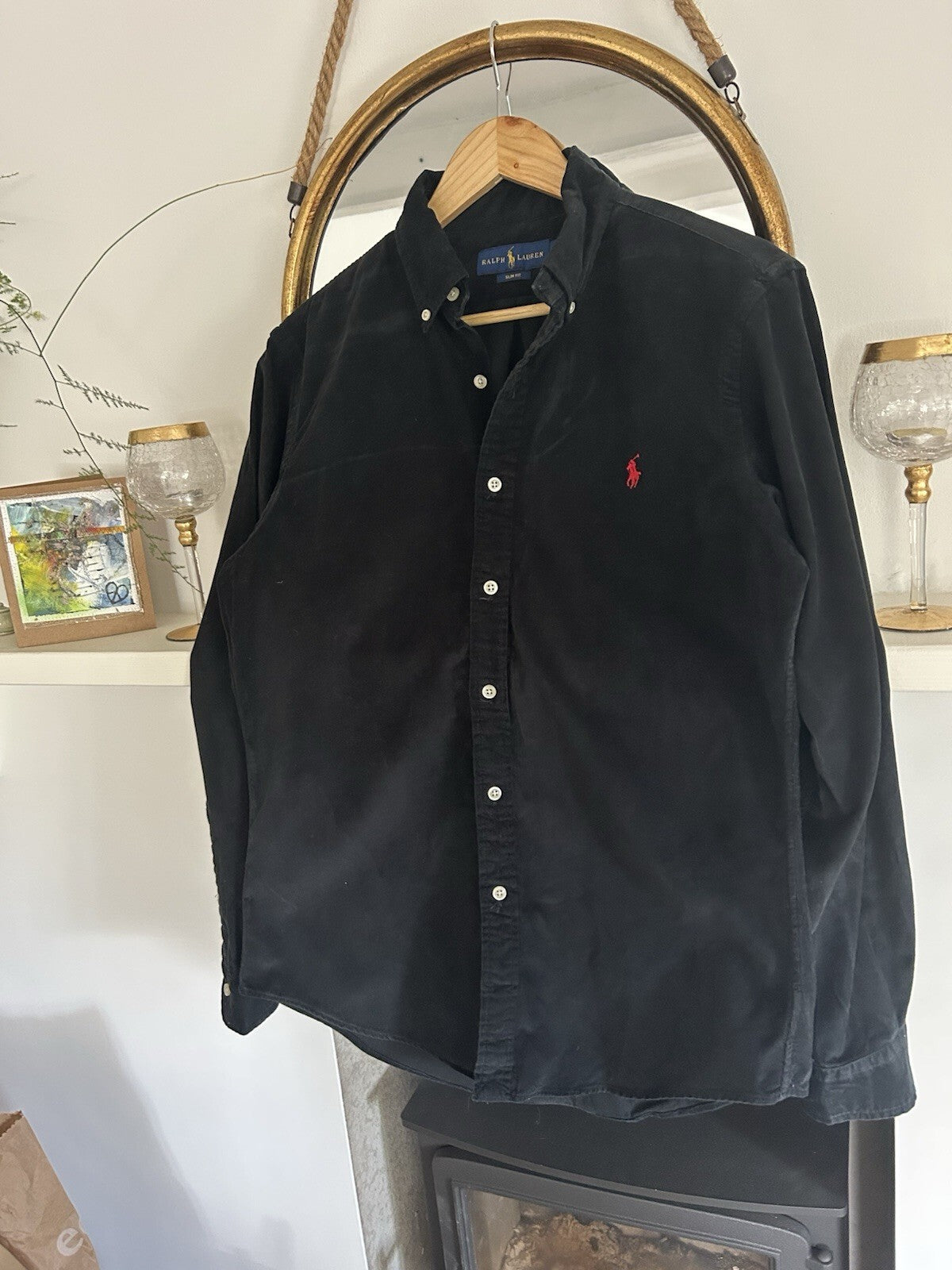 Ralph Lauren Solid Black Corduroy 100% Cotton Shirt, Size M - Slim Fit