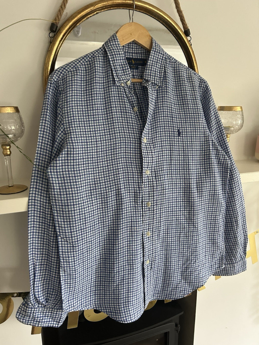 Ralph Lauren 100% Linen Navy And White Check Long-Sleeved Shirt, Size M-Slim Fit