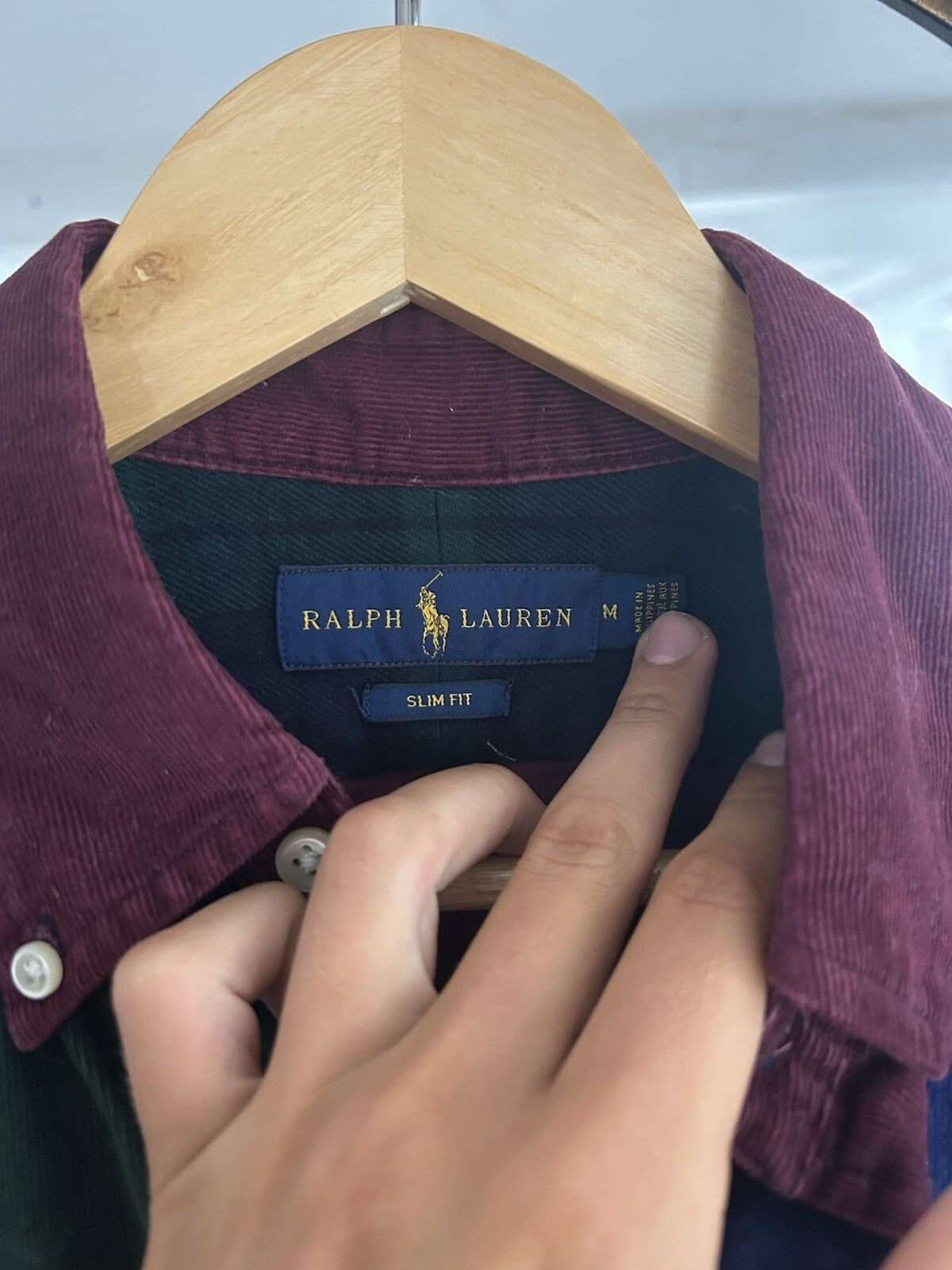 Ralph Lauren Corduroy Colour Block Shirt Tartan Green Navy Burgundy, Size M