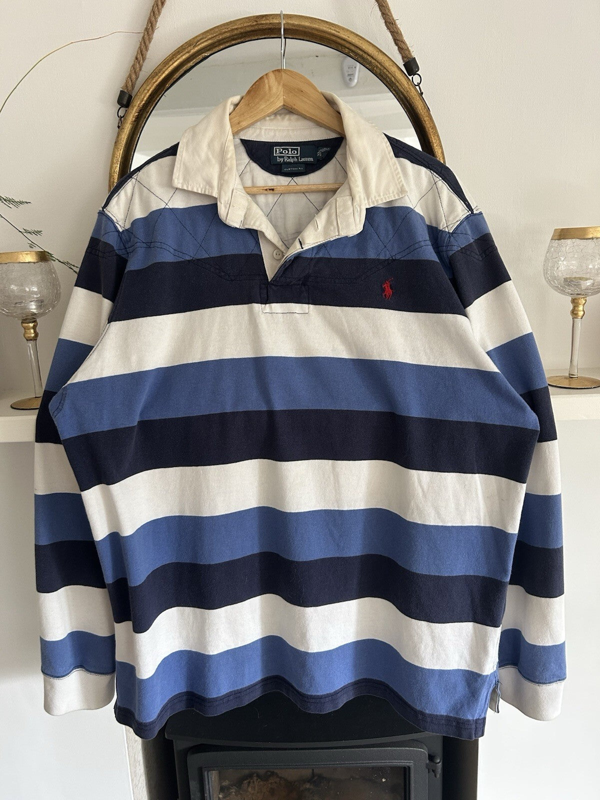Ralph Lauren Navy Blue And White Striped Rugby Shirt, Size XL