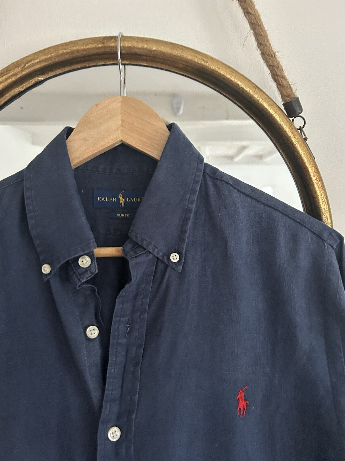 Ralph Lauren 100% Linen Navy Long-Sleeved Shirt, Size M- Slim Fit
