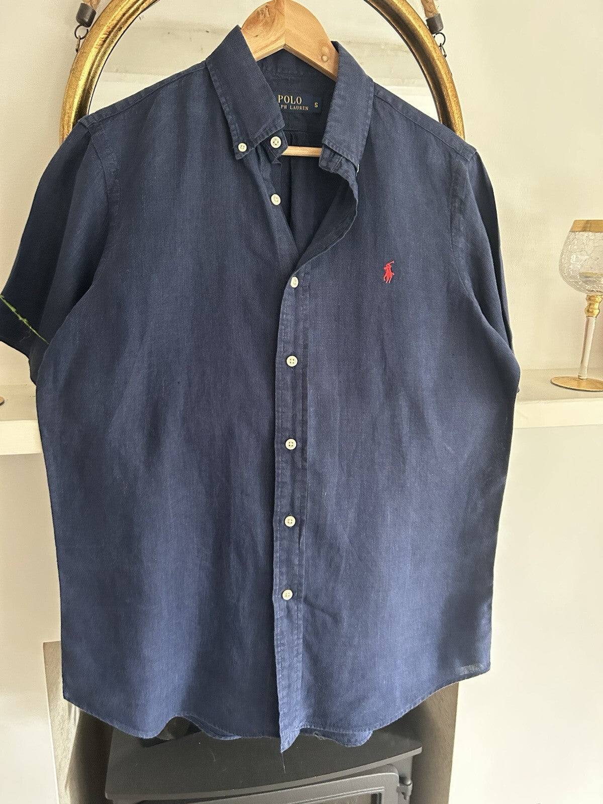 Ralph Lauren 100% Linen Solid Navy Short-Sleeved Shirt, Size S