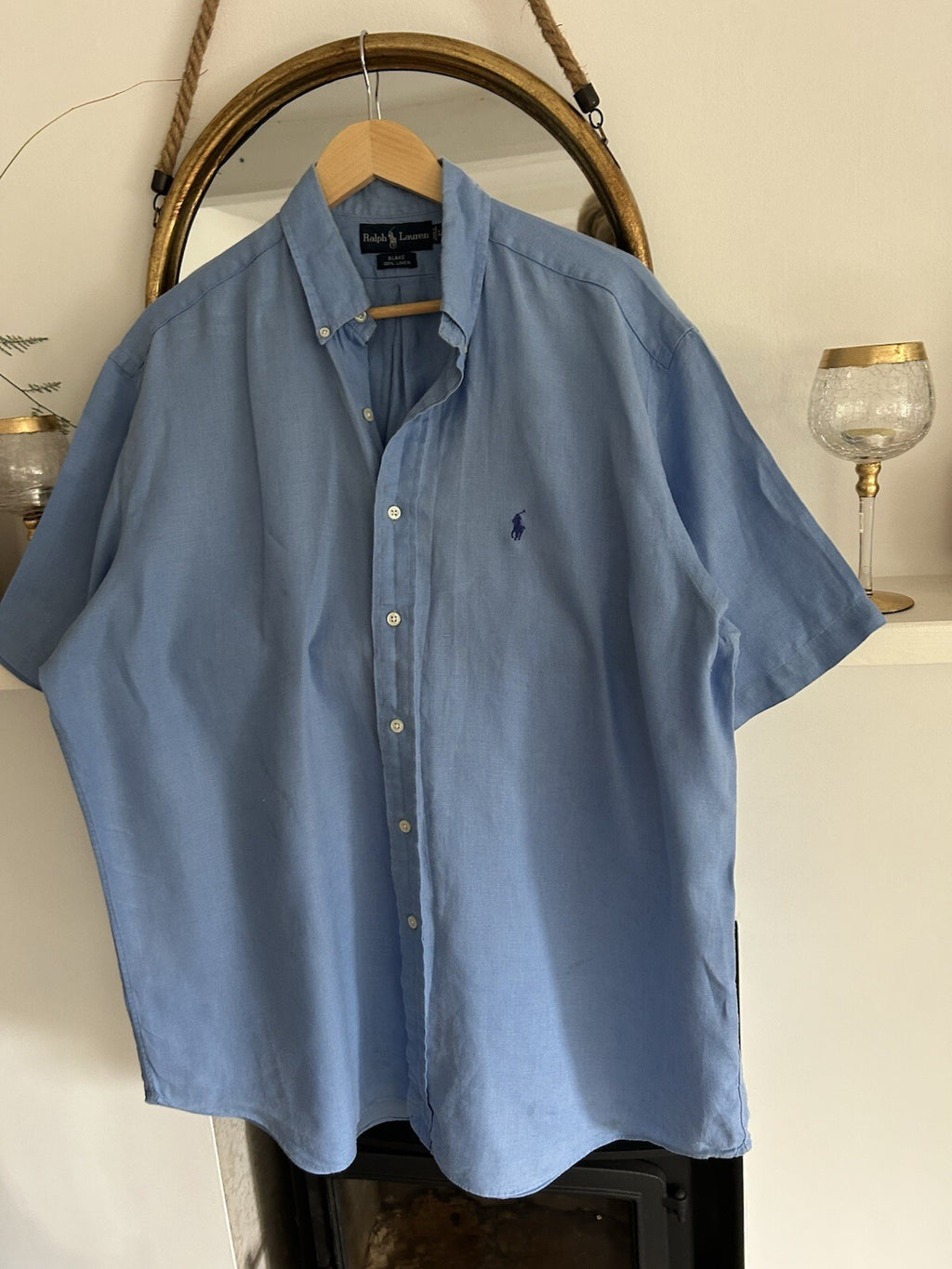 Ralph Lauren 100% Linen Light Blue Short-Sleeved Shirt, Size L - Blake Fit