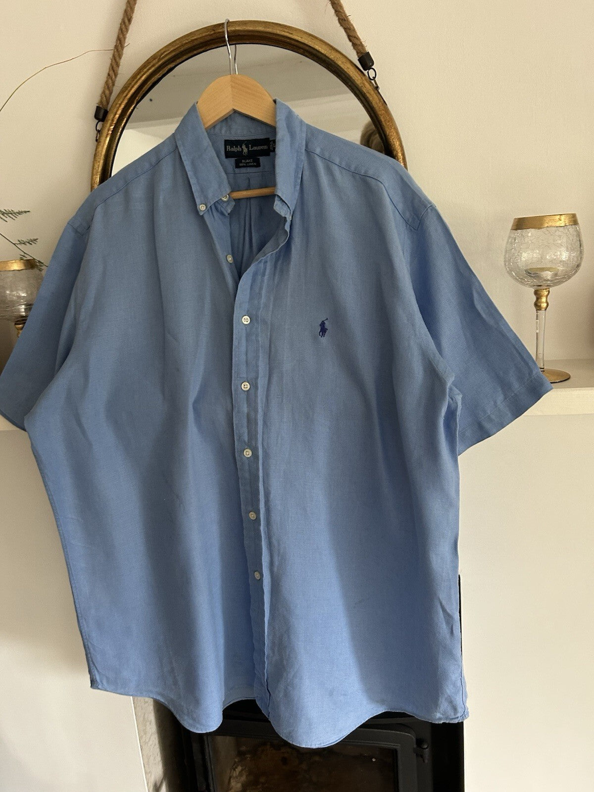 Ralph Lauren 100% Linen Light Blue Short-Sleeved Shirt, Size L - Blake Fit