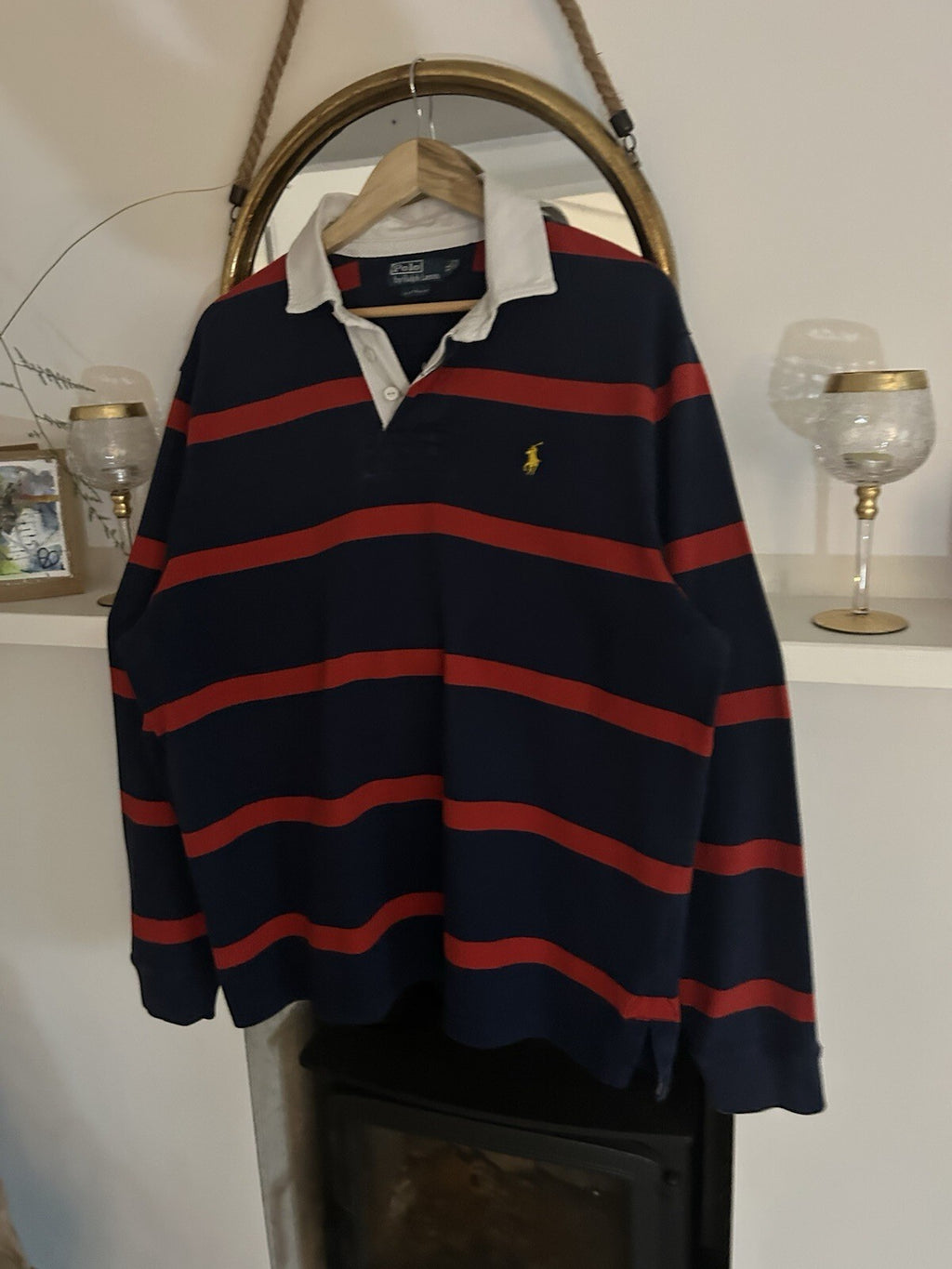 Ralph Lauren Navy And Red Striped, Yellow Embroidered Rugby Shirt, Size XL