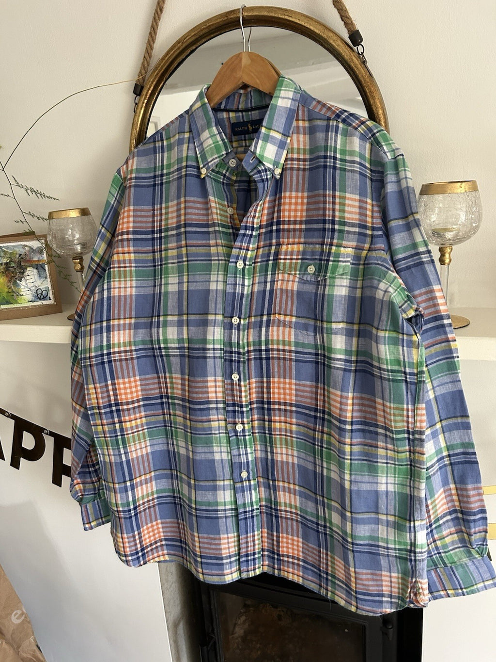 Ralph Lauren 100% Linen Blue Check Enclosed Pocket Long-Sleeved Shirt, Size L