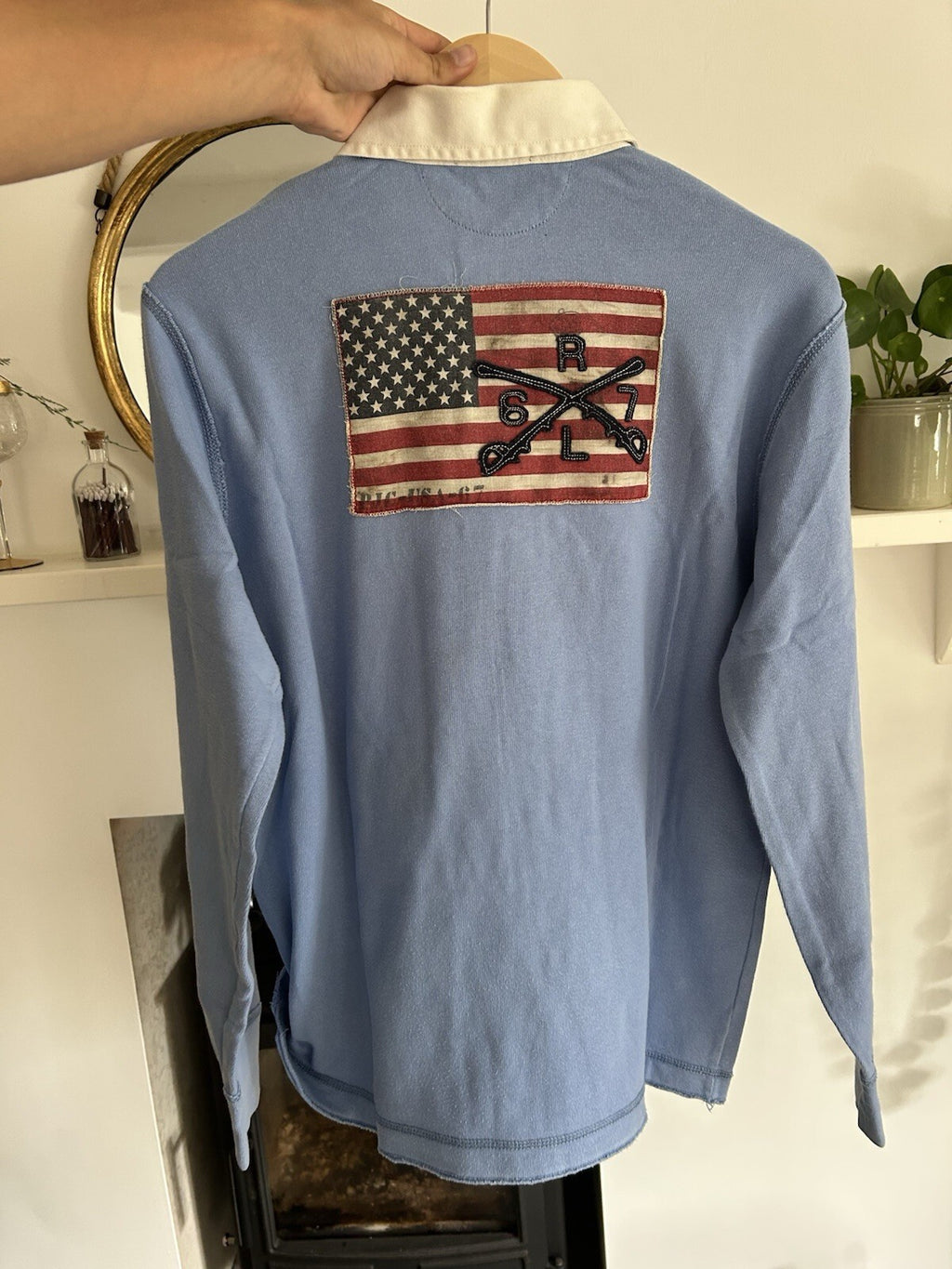 Vintage Polo Ralph Lauren Polo Jeans Rugby Shirt USA Flag Crest Blue Small