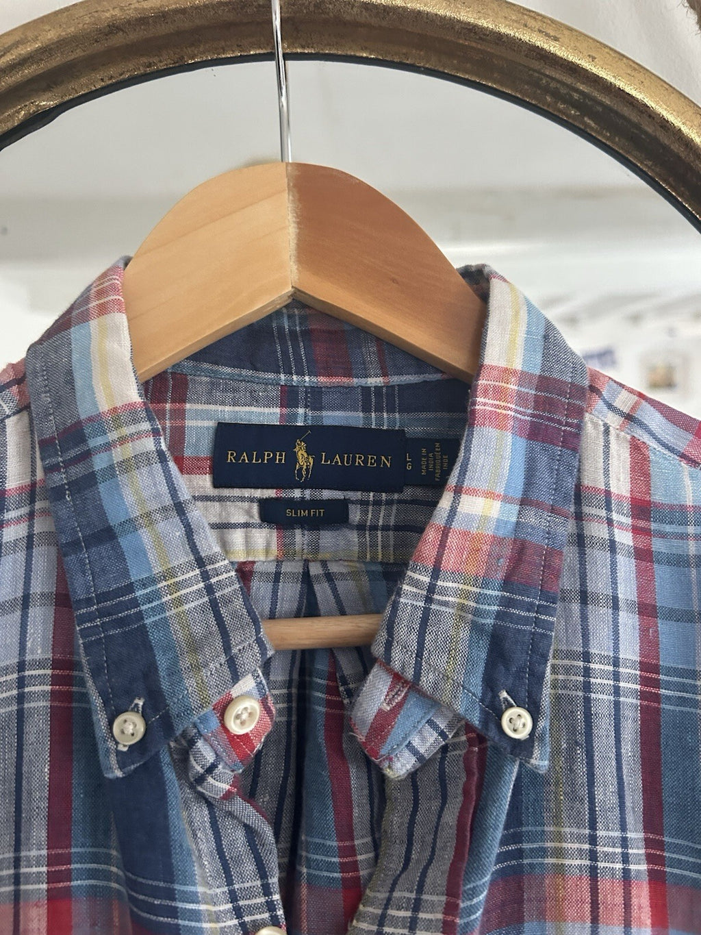 Ralph Lauren 100% Linen Blue And Red Check Long-Sleeved Shirt, Size L- Slim Fit