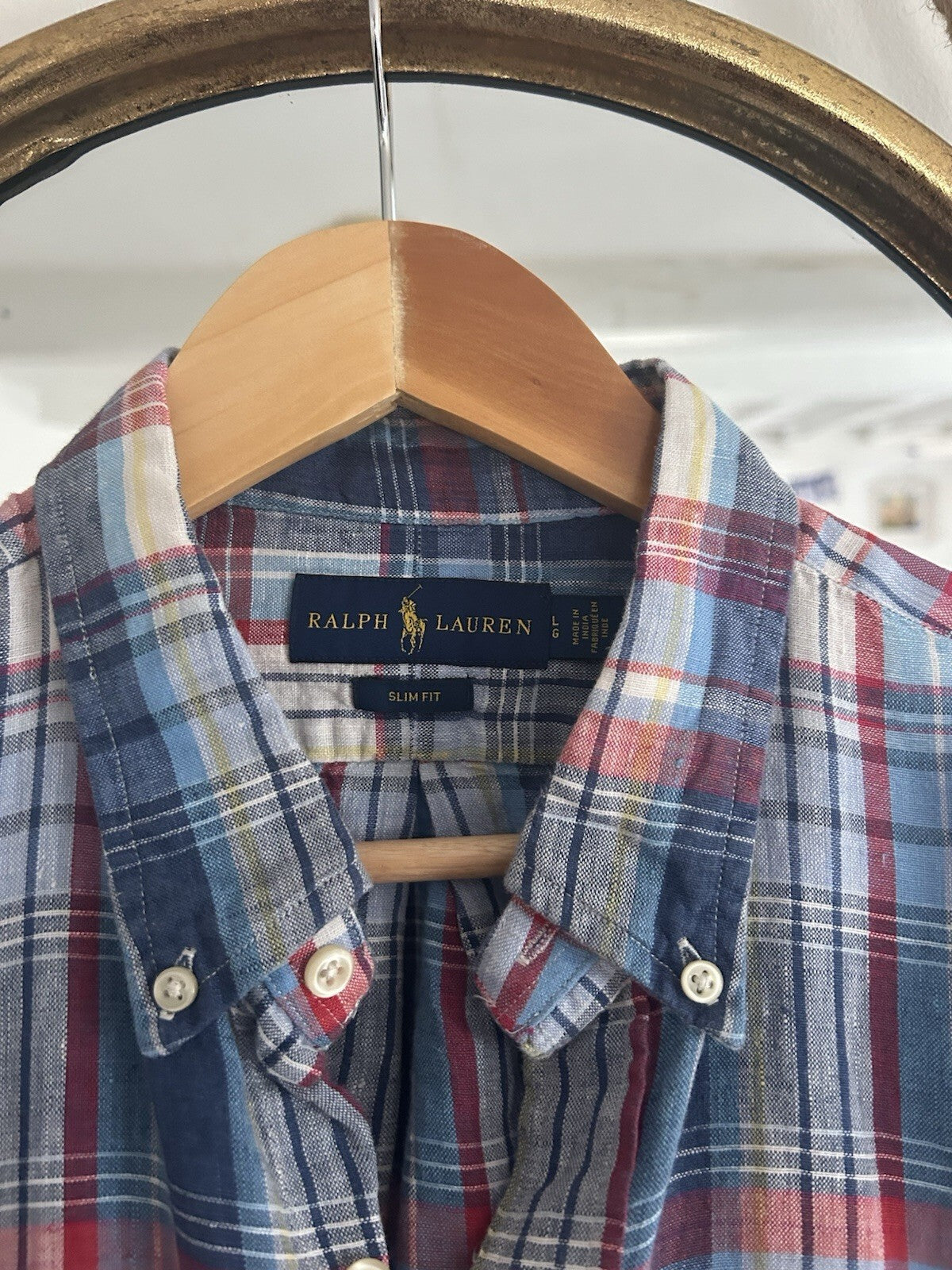 Ralph Lauren 100% Linen Blue And Red Check Long-Sleeved Shirt, Size L- Slim Fit