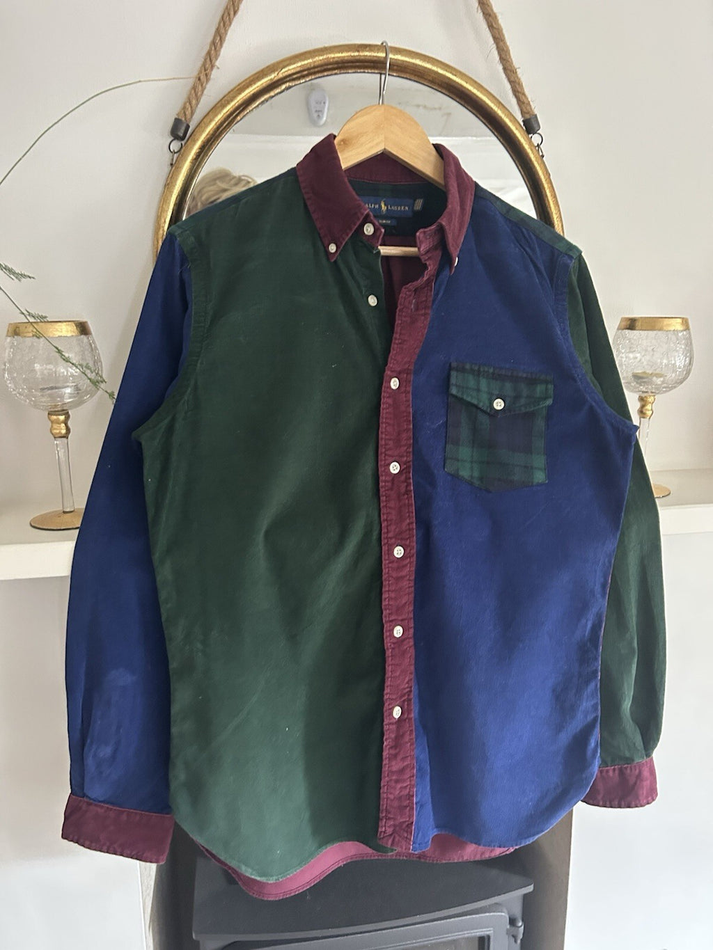 Ralph Lauren Corduroy Colour Block Shirt Tartan Green Navy Burgundy, Size M