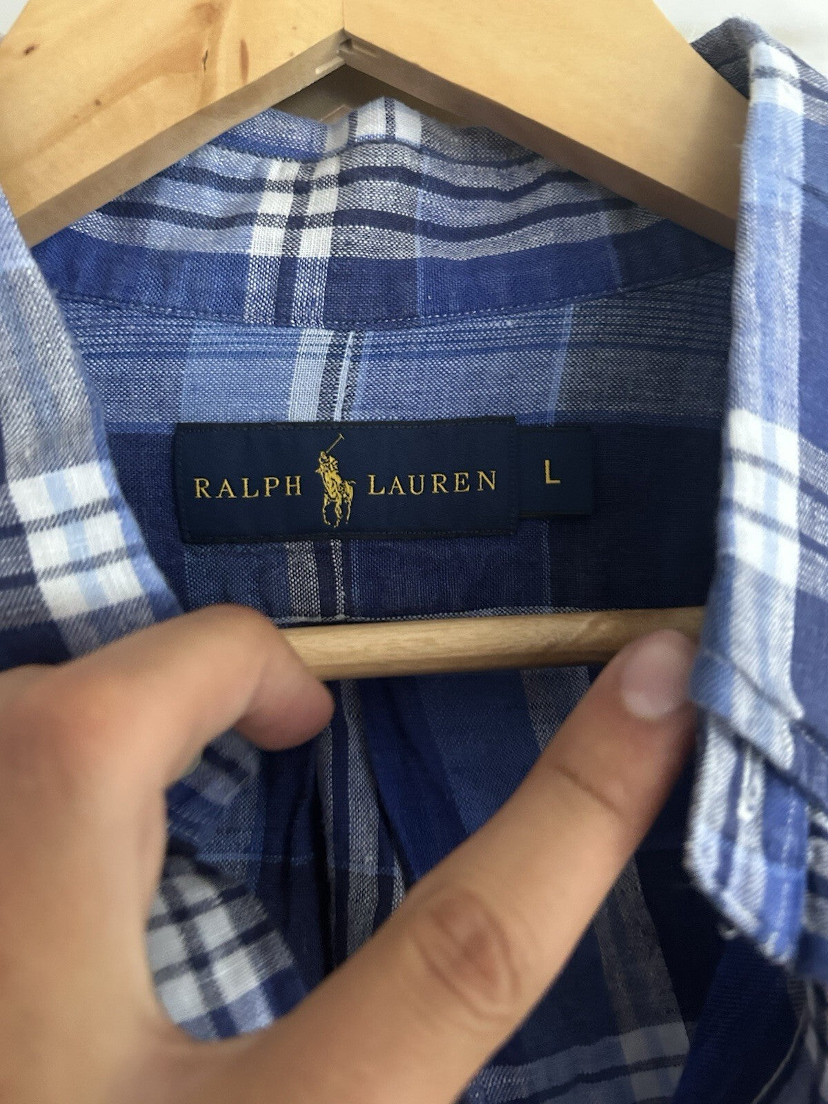 Ralph Lauren 100% Linen Navy And White Check Long-Sleeved Shirt, Size L