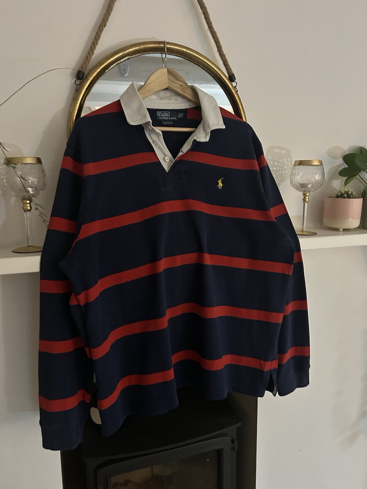 Ralph Lauren Navy And Red Striped, Yellow Embroidered Rugby Shirt, Size XL