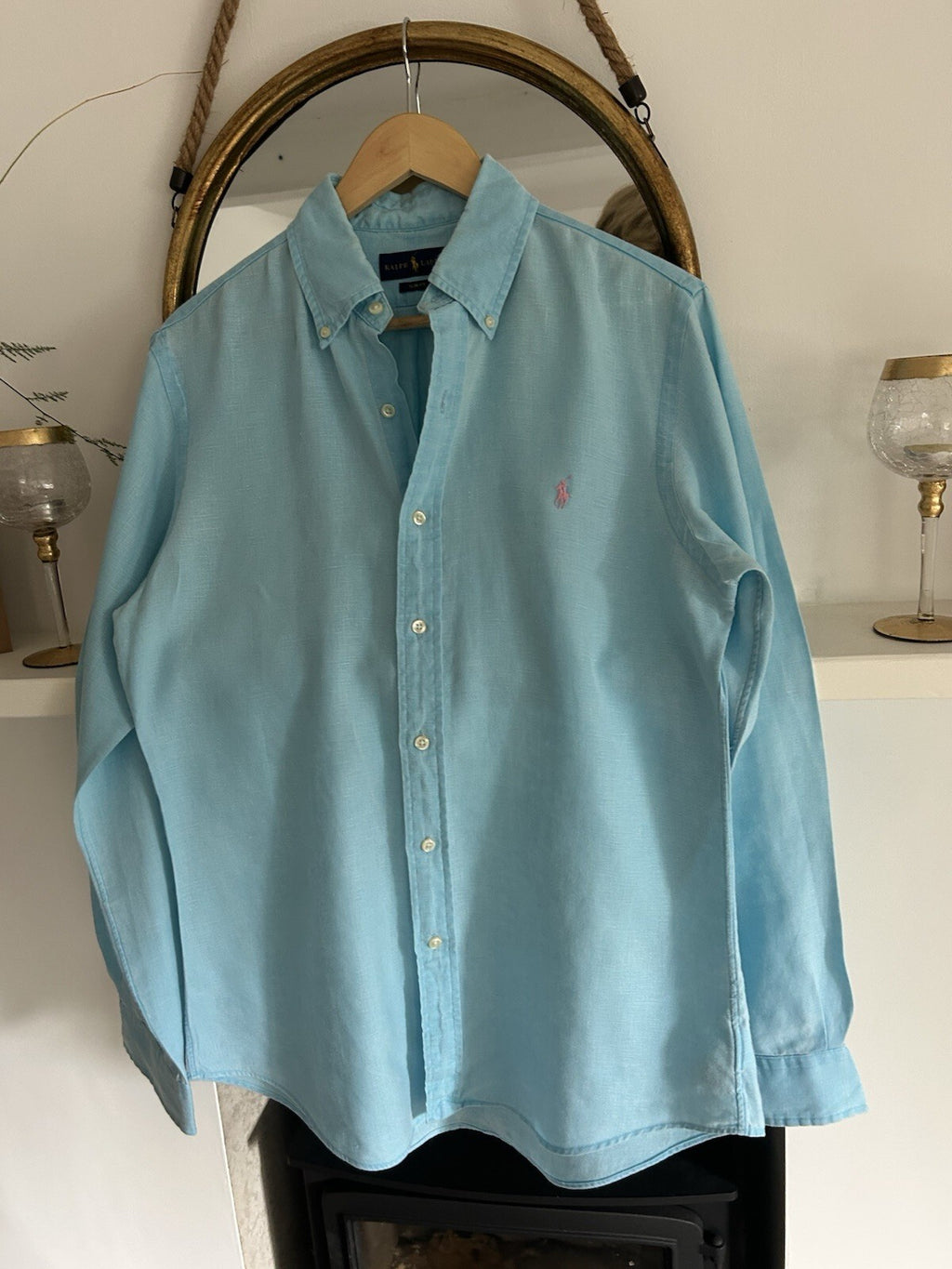 Ralph Lauren 100% Linen Light Blue Long-Sleeved Shirt, Size M - Slim Fit