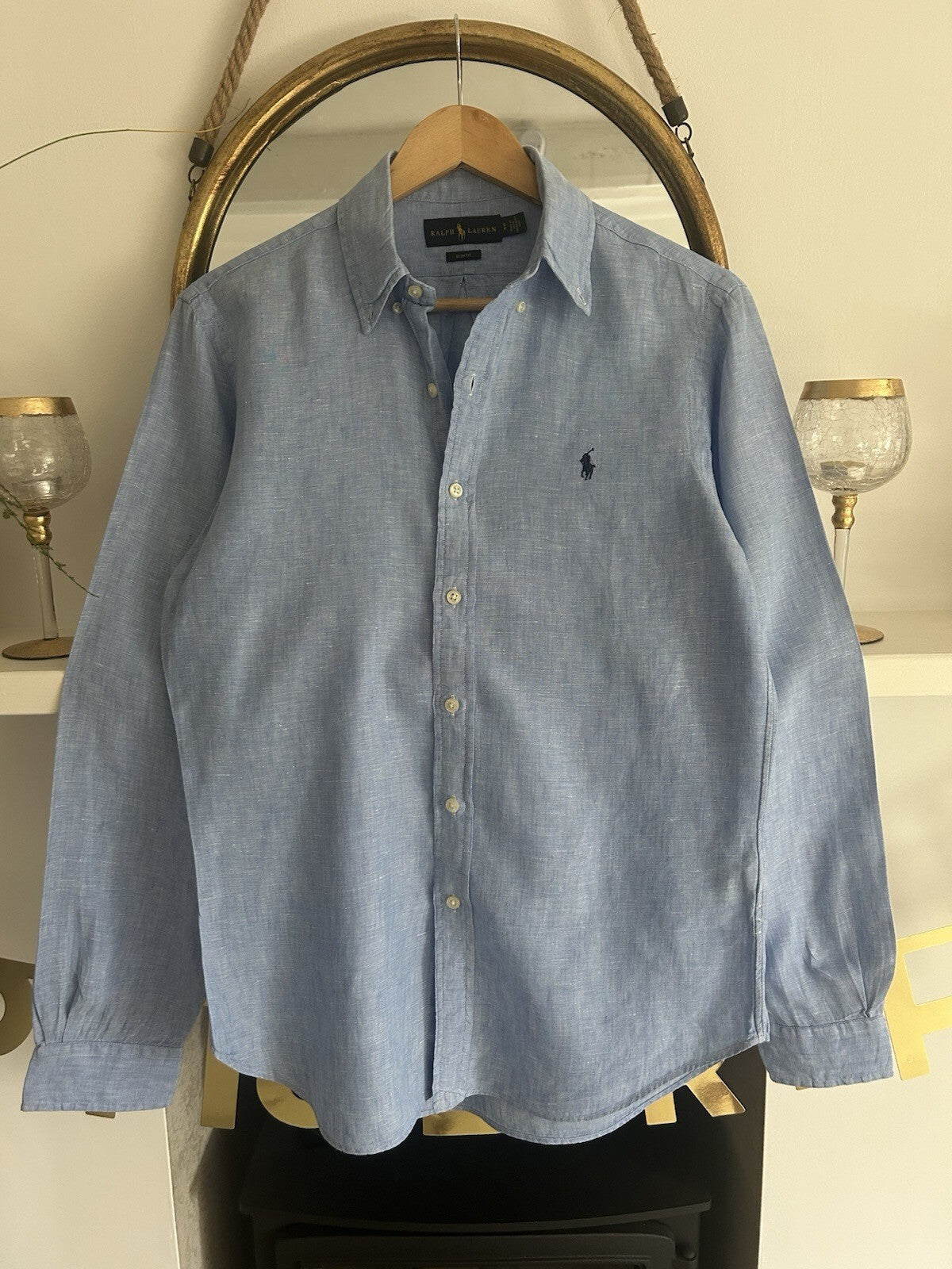 Ralph Lauren 100% Linen Blue Long-Sleeved Shirt, Size S - Slim Fit