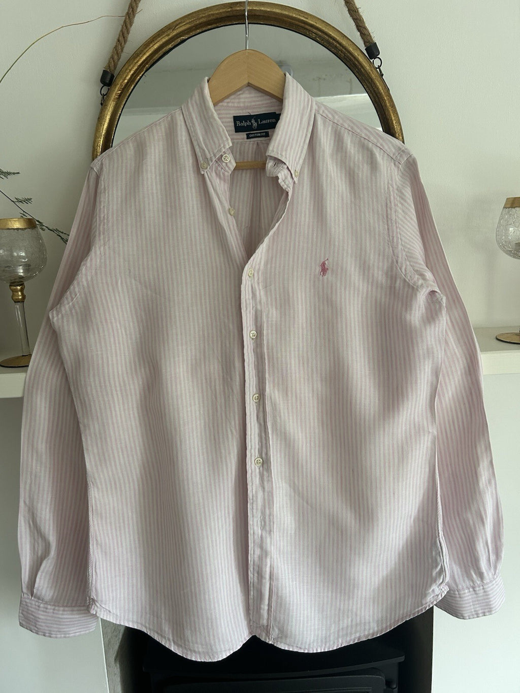 Ralph Lauren 100% Linen Pink And White Striped Long-Sleeved Shirt, Size M