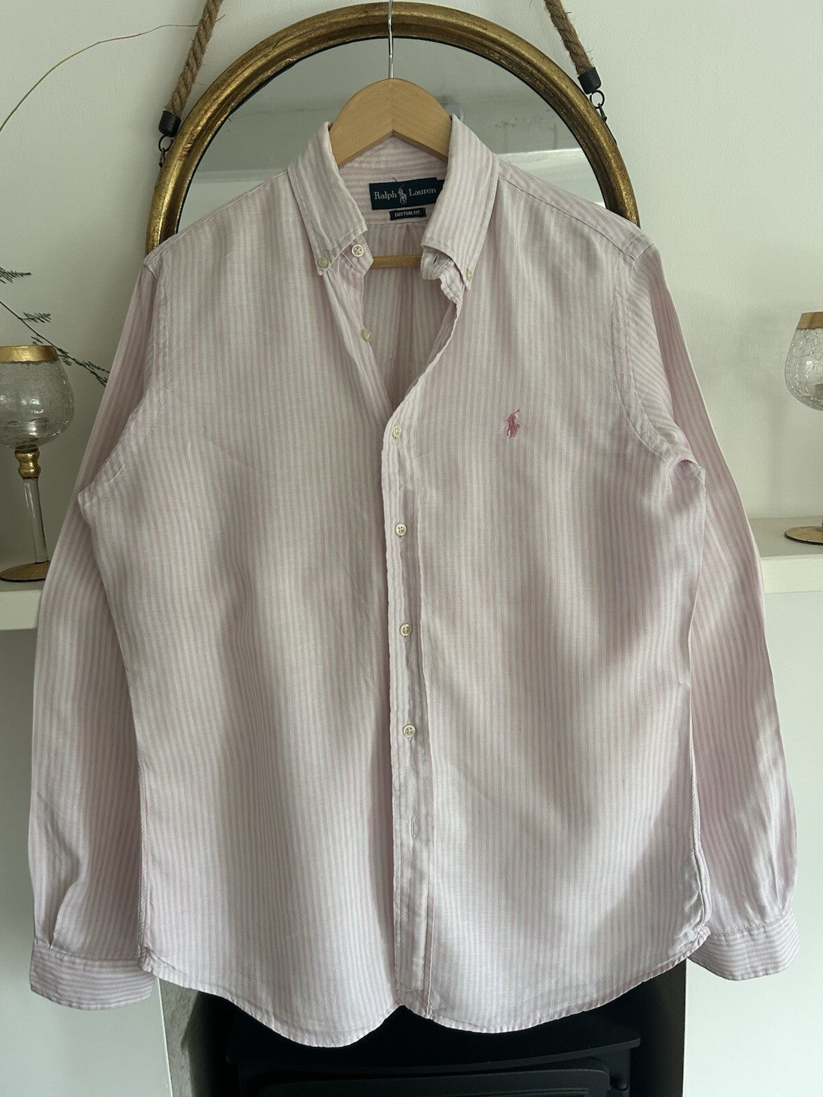 Ralph Lauren 100% Linen Pink And White Striped Long-Sleeved Shirt, Size M