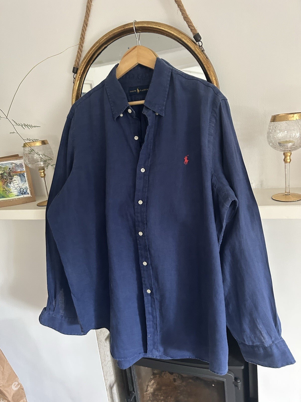 Ralph Lauren 100% Linen Navy Long-Sleeved Shirt, Size XL