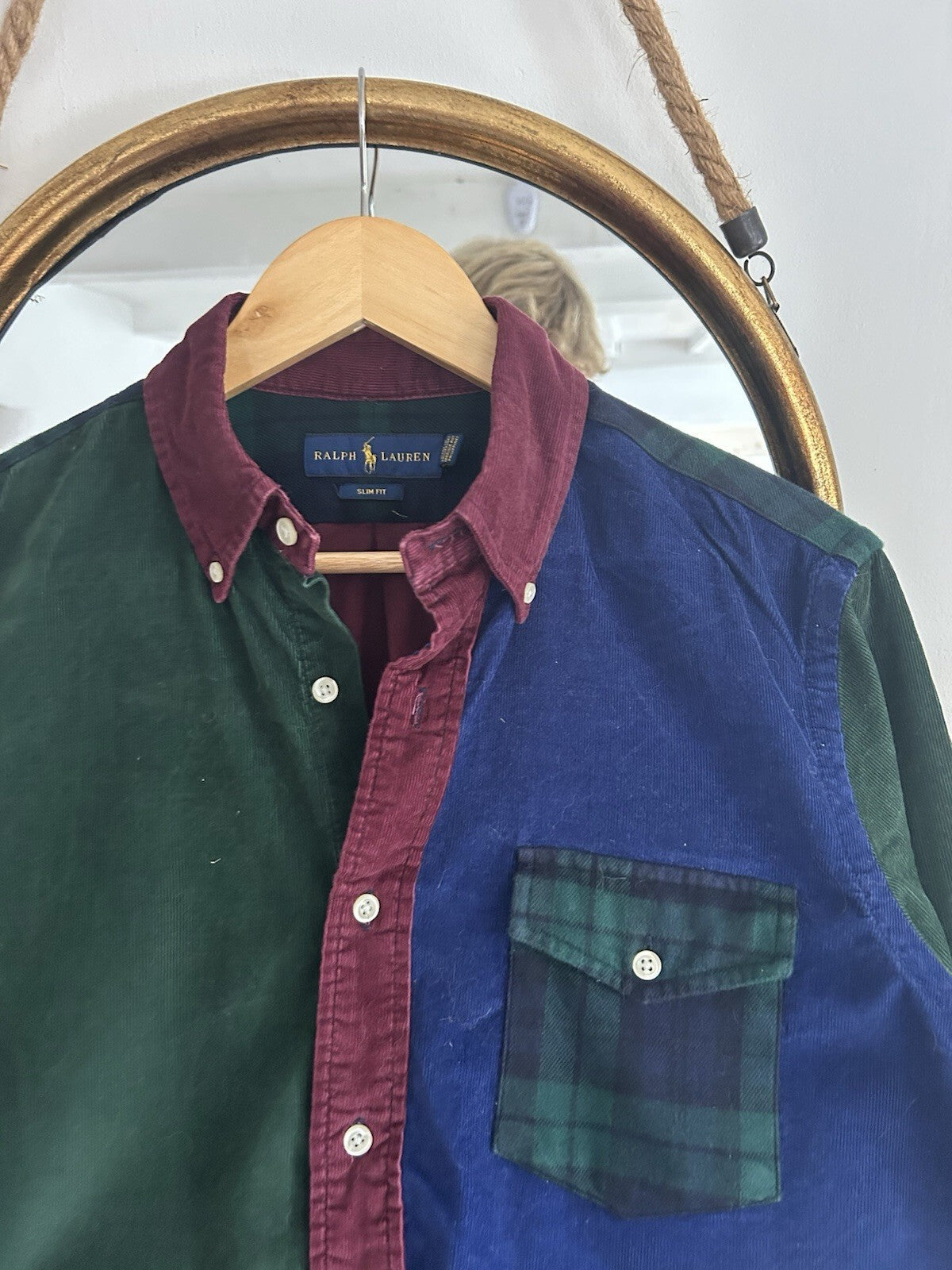 Ralph Lauren Corduroy Colour Block Shirt Tartan Green Navy Burgundy, Size M