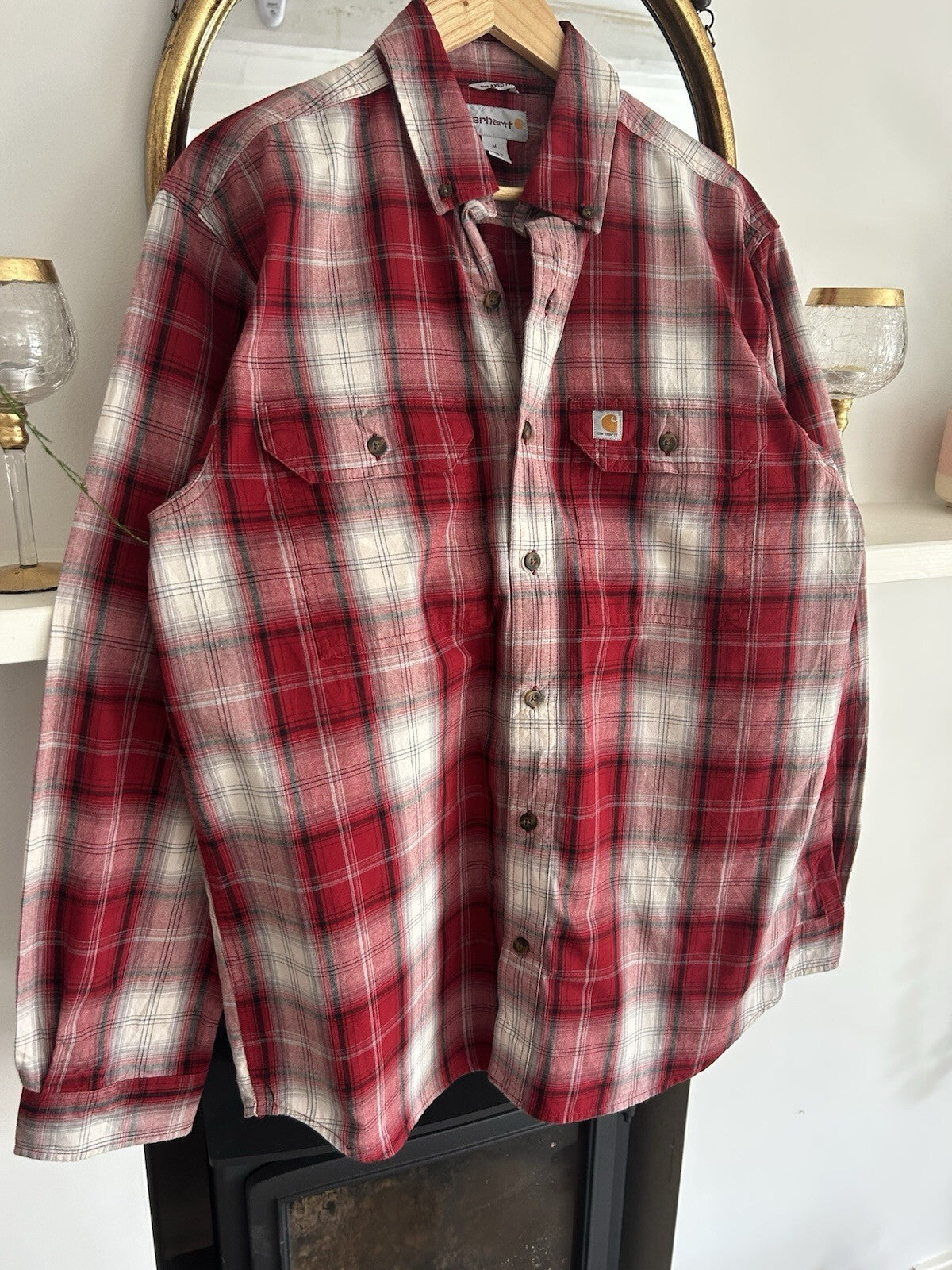 Carhartt Red And White Checked Heavyweight Cotton Shirt, Size M - Relaxed Fit