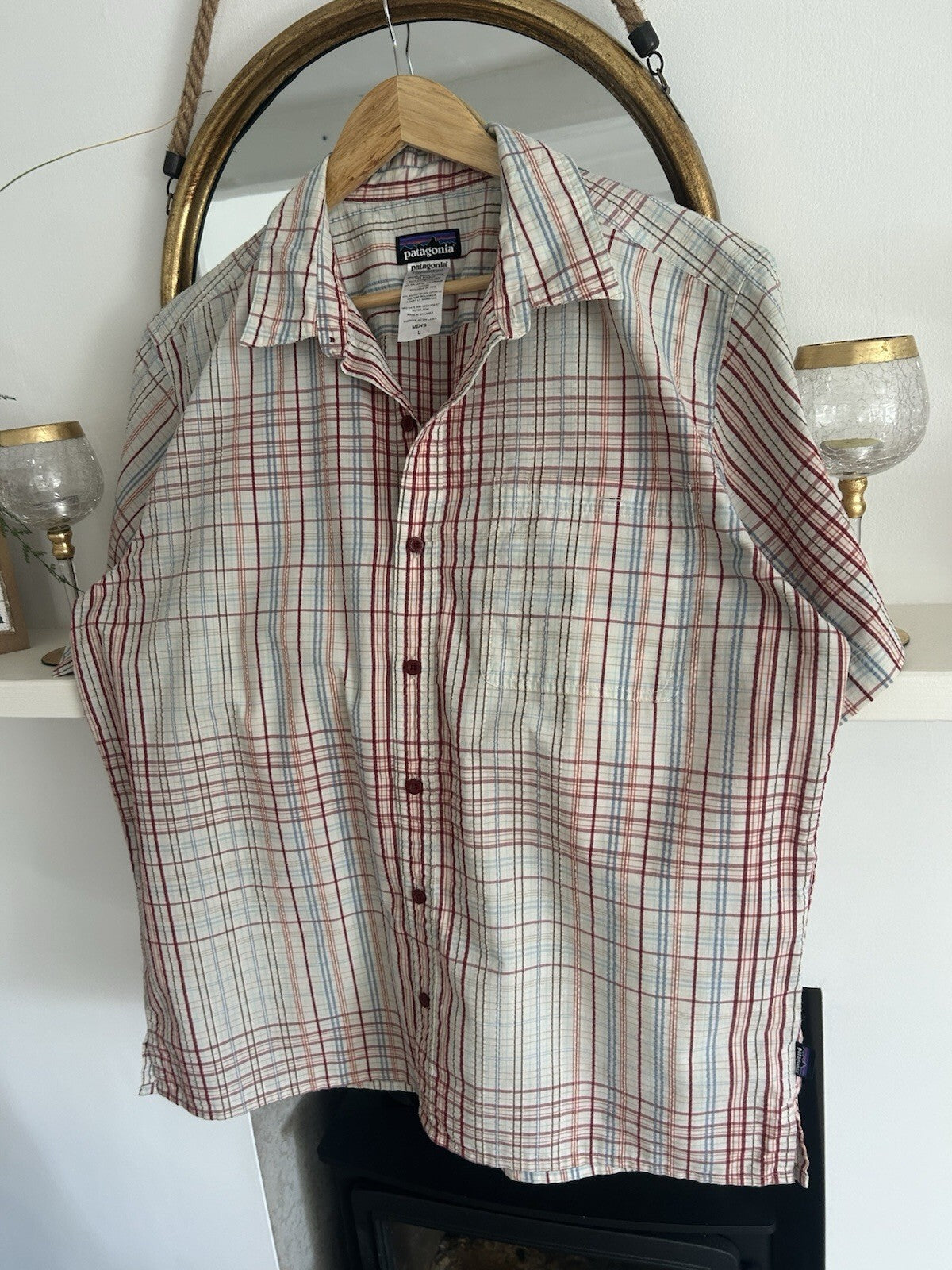 Patagonia Puckerware Shirt Mens L Plaid Seersucker Short Sleeve Organic Cotton