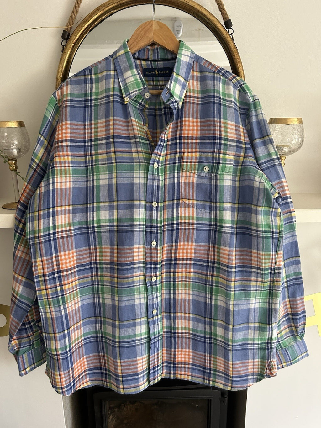 Ralph Lauren 100% Linen Blue Check Enclosed Pocket Long-Sleeved Shirt, Size L
