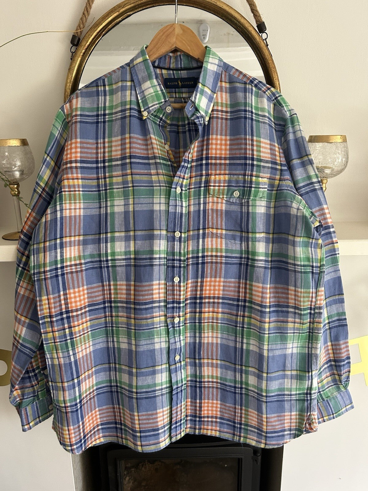 Ralph Lauren 100% Linen Blue Check Enclosed Pocket Long-Sleeved Shirt, Size L