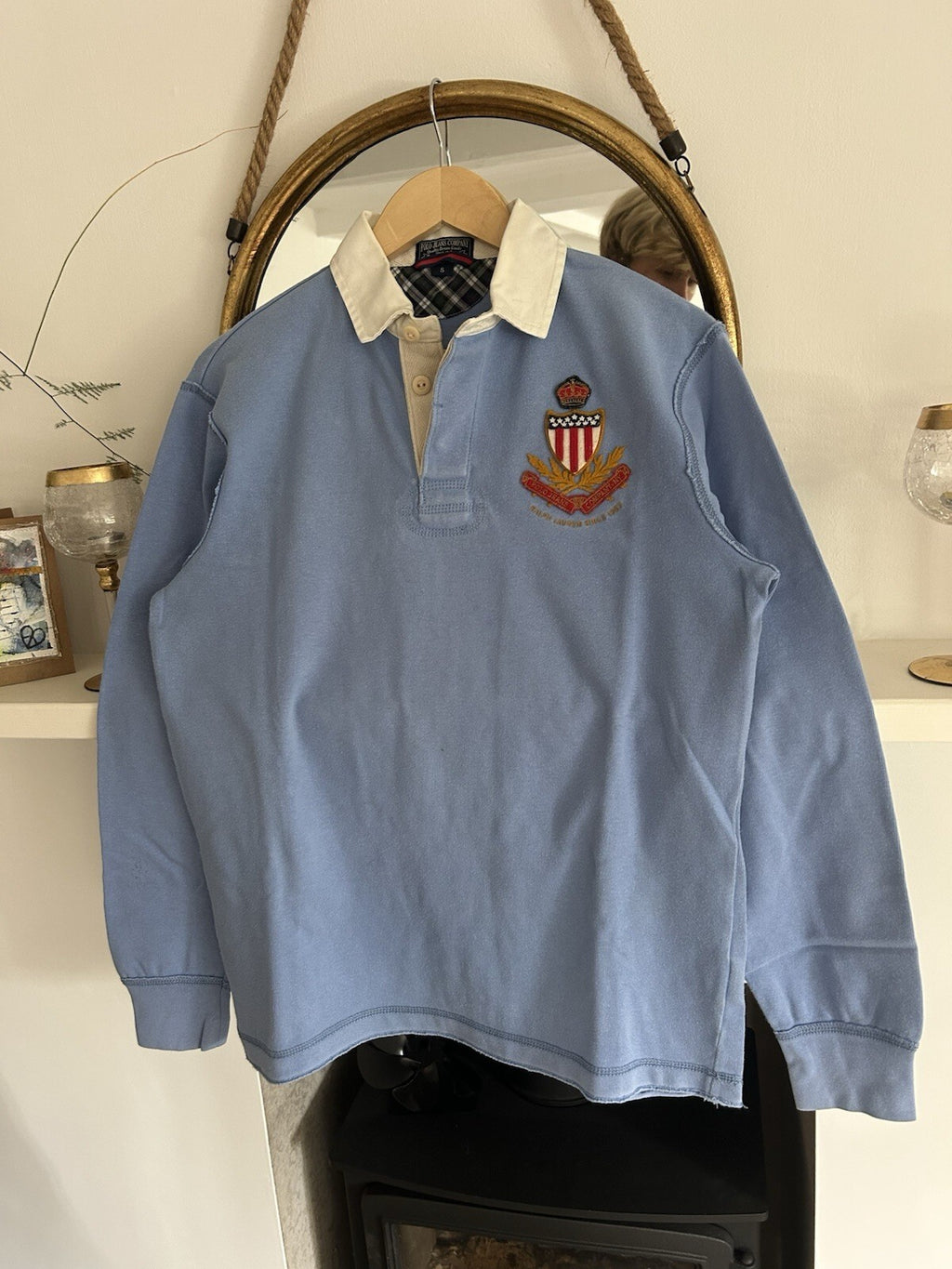Vintage Polo Ralph Lauren Polo Jeans Rugby Shirt USA Flag Crest Blue Small