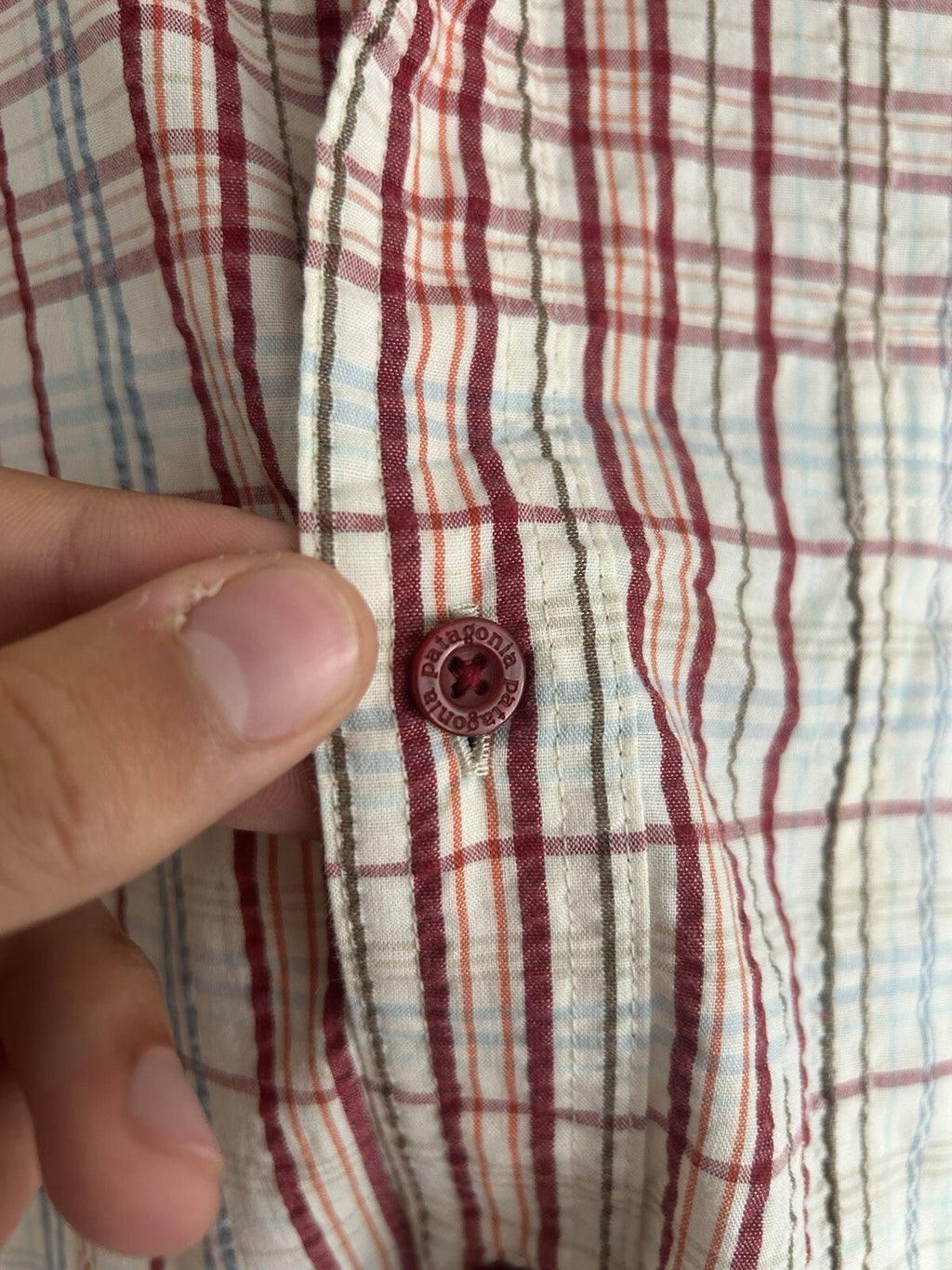 Patagonia Puckerware Shirt Mens L Plaid Seersucker Short Sleeve Organic Cotton