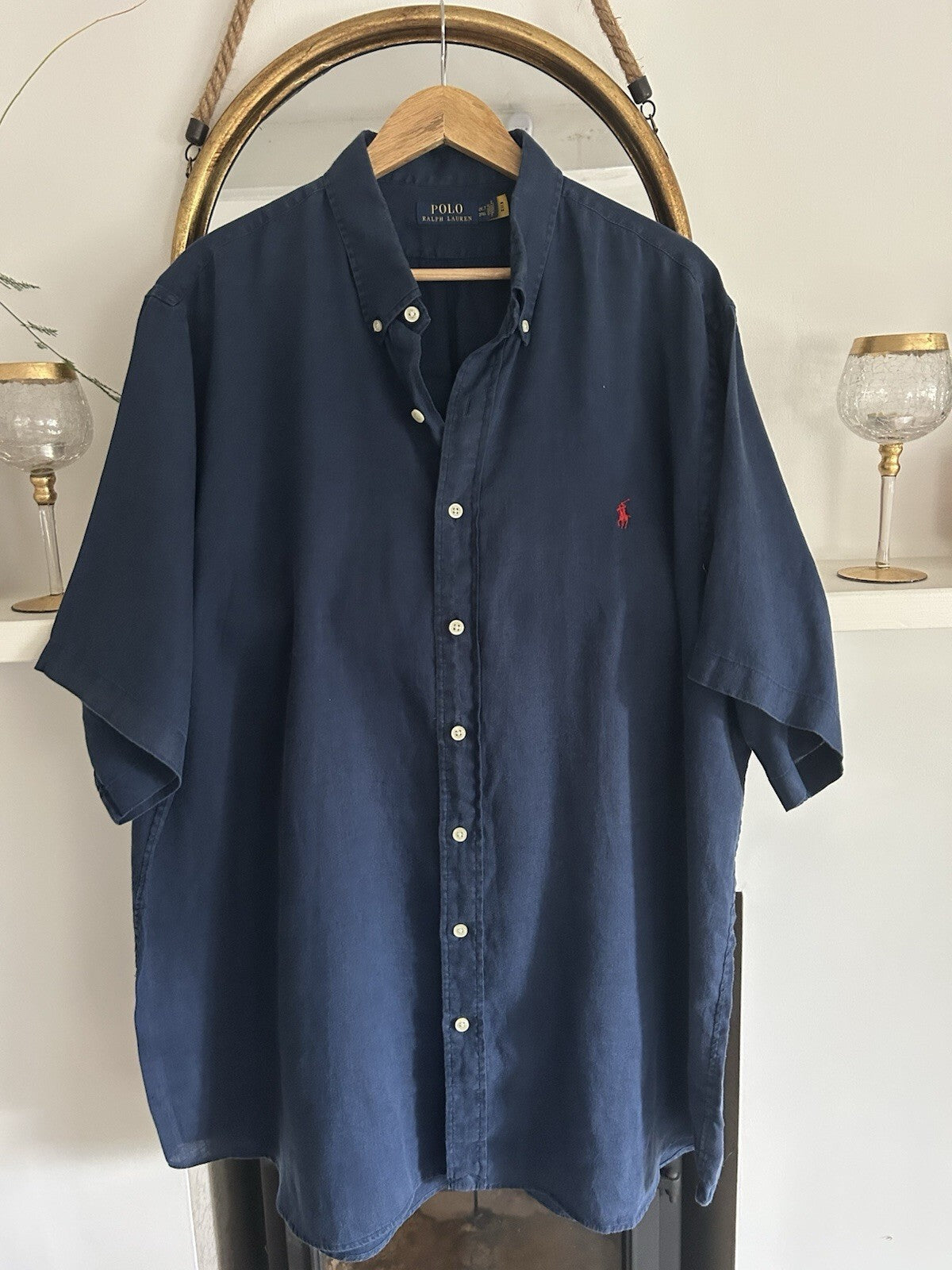 Ralph Lauren 100% Linen Navy Short-Sleeved Shirt- Authenticated, Size 2XL Tall
