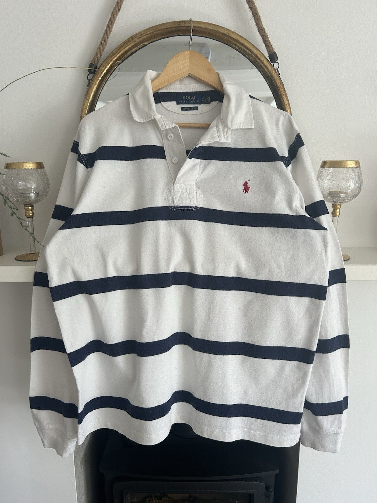 Ralph Lauren Navy And White Striped Rugby Shirt, Size L - Slim Fit