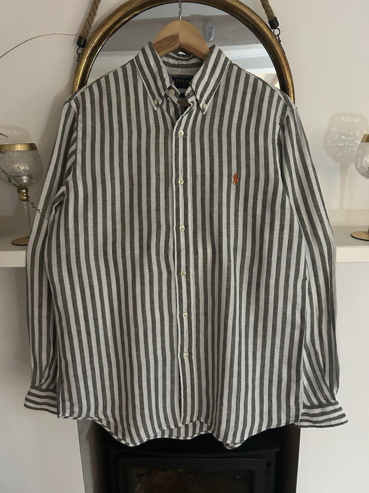 Ralph Lauren 100% Linen Black And White Striped Long-Sleeved Shirt, Size M