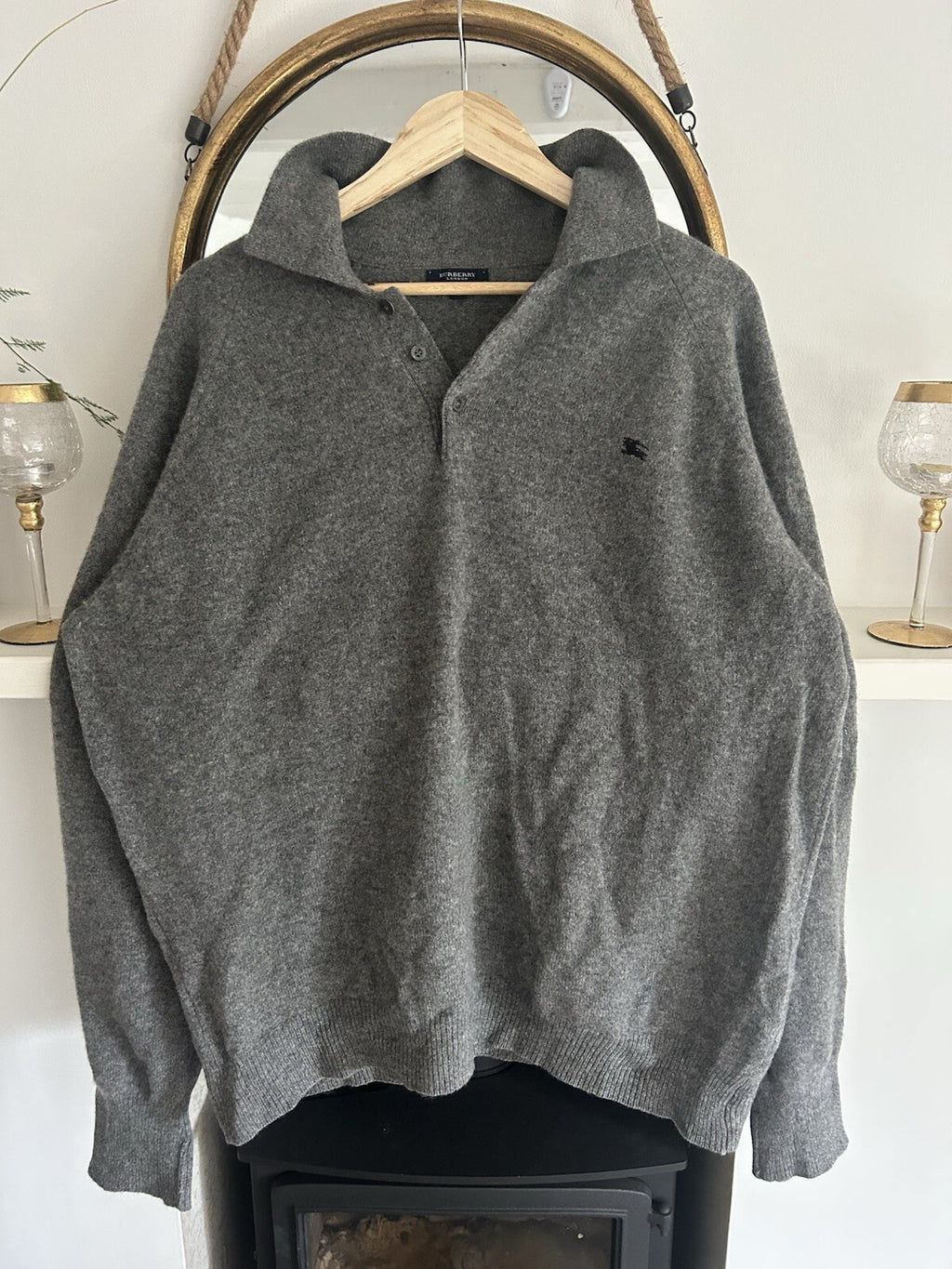 Burberry London Mens XL Grey 100% Lambswool Polo Jumper Made in Italy Equestrian