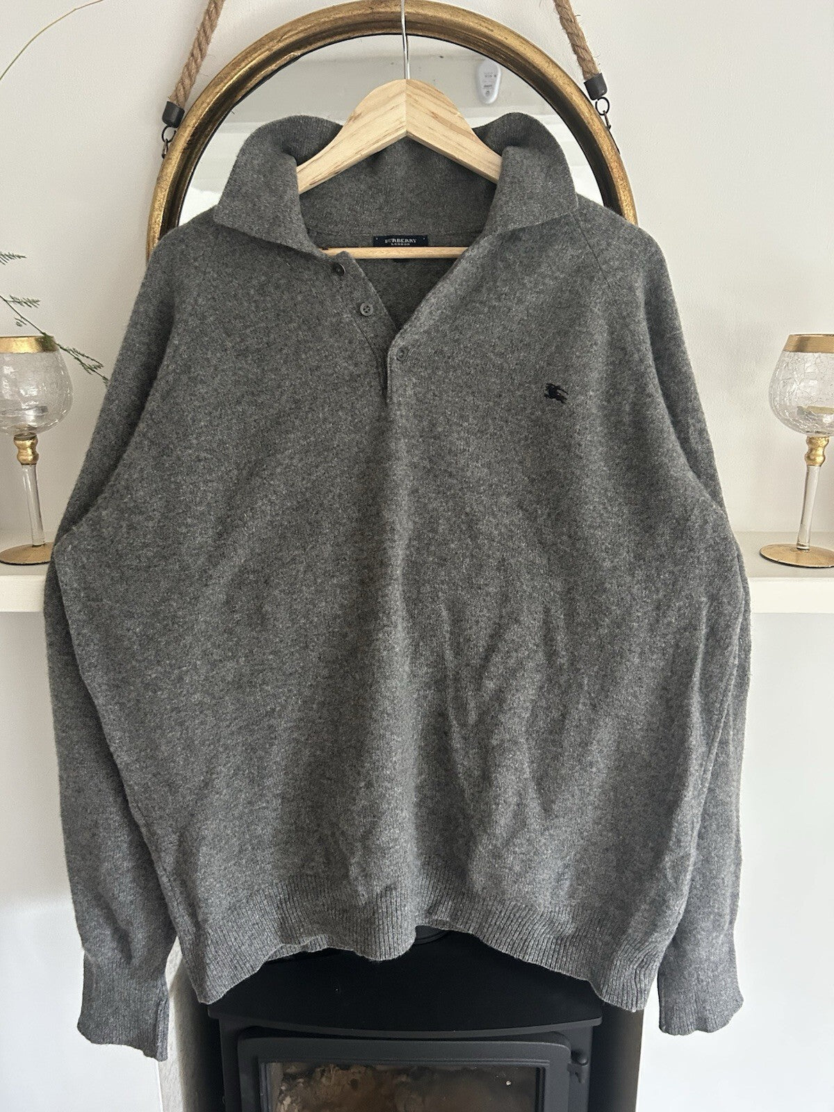Burberry London Mens XL Grey 100% Lambswool Polo Jumper Made in Italy Equestrian