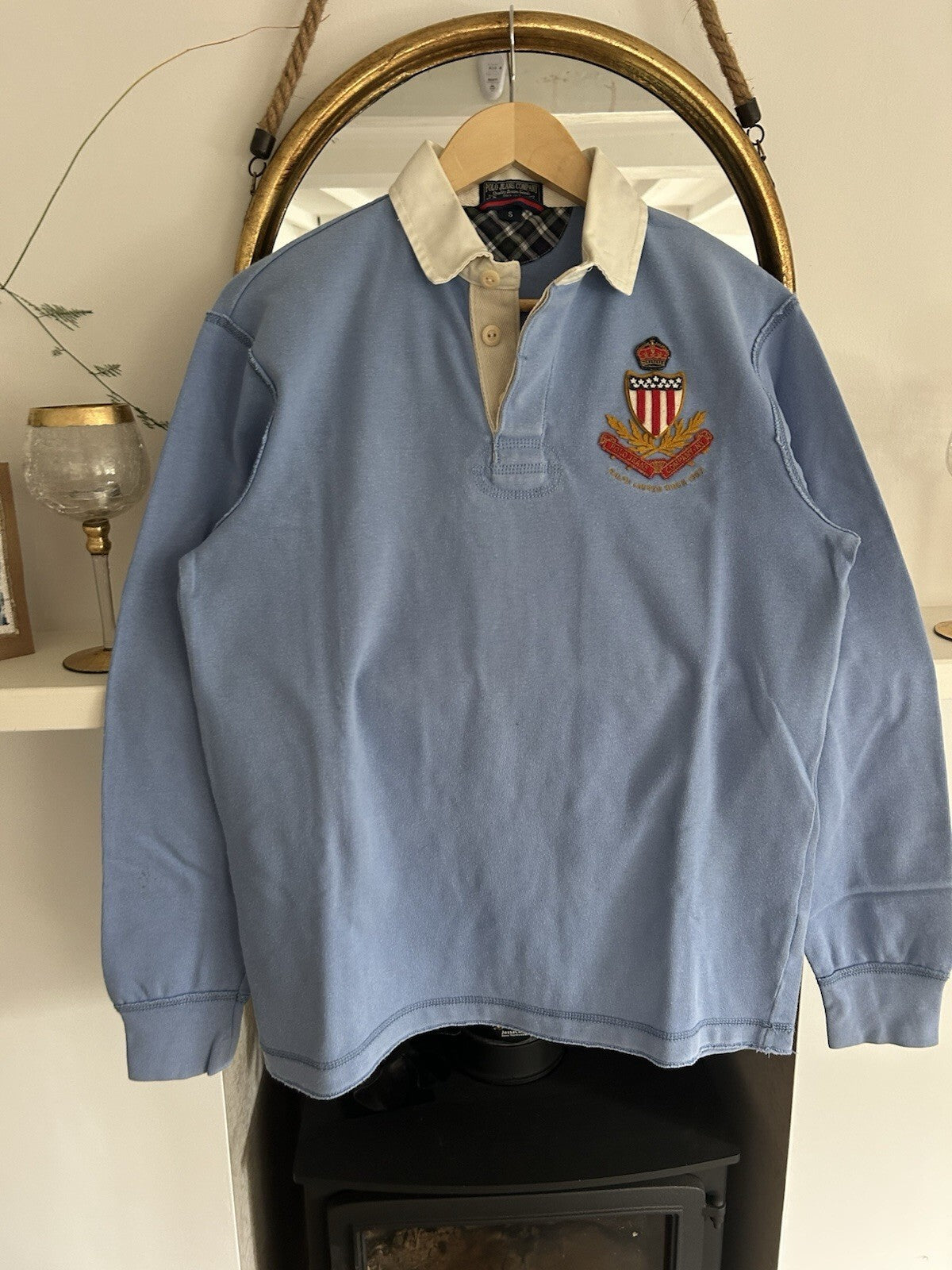 Vintage Polo Ralph Lauren Polo Jeans Rugby Shirt USA Flag Crest Blue Small