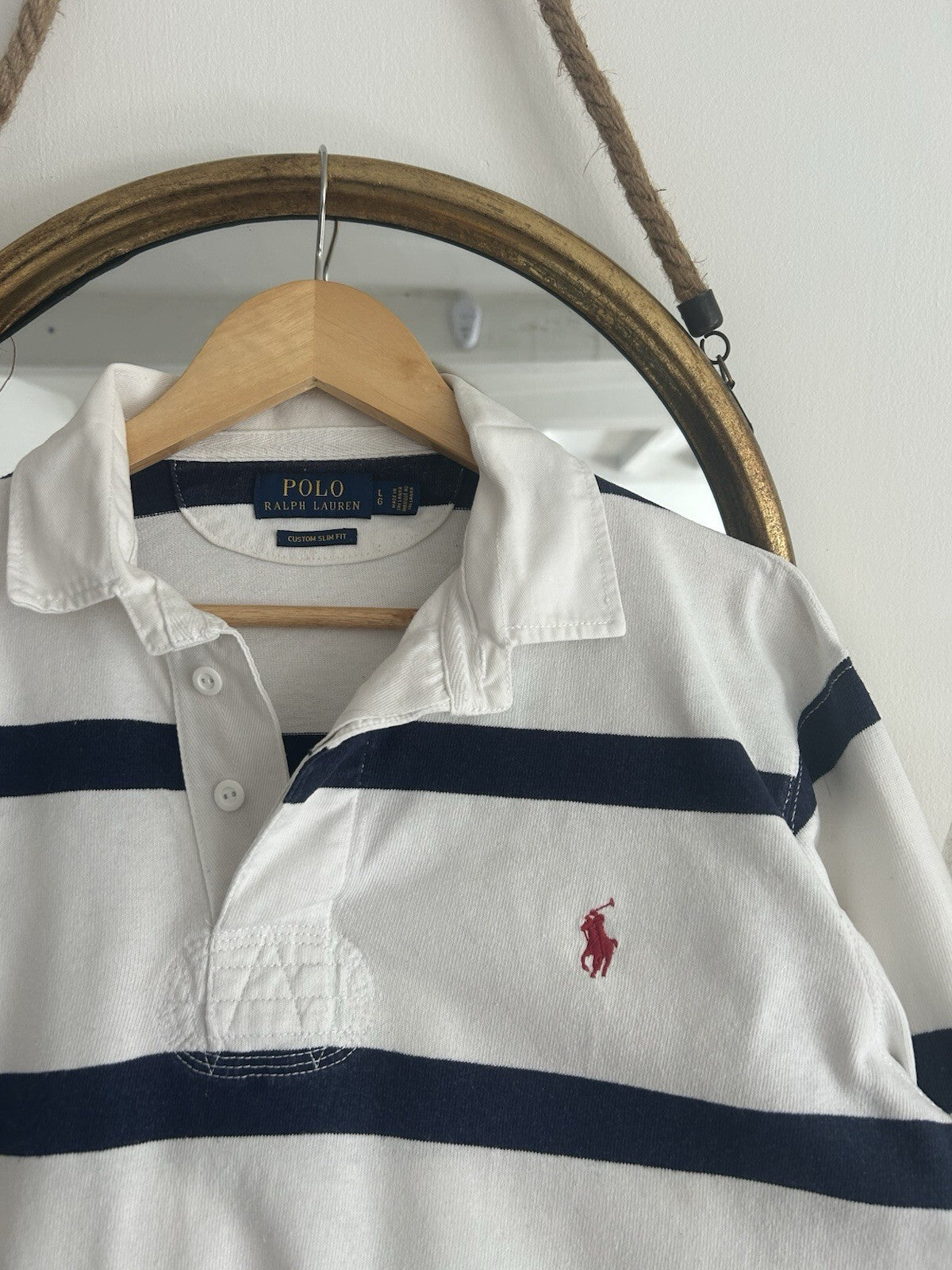 Ralph Lauren Navy And White Striped Rugby Shirt, Size L - Slim Fit