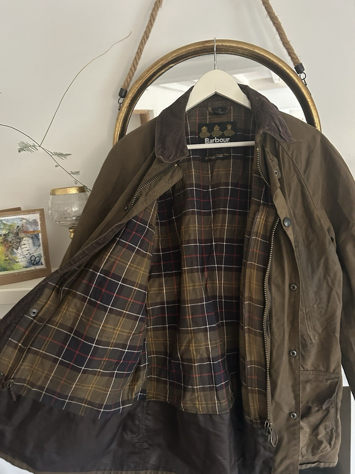 Barbour Bristol Wax Jacket Olive Green Medium M Tartan Lined Country Coat