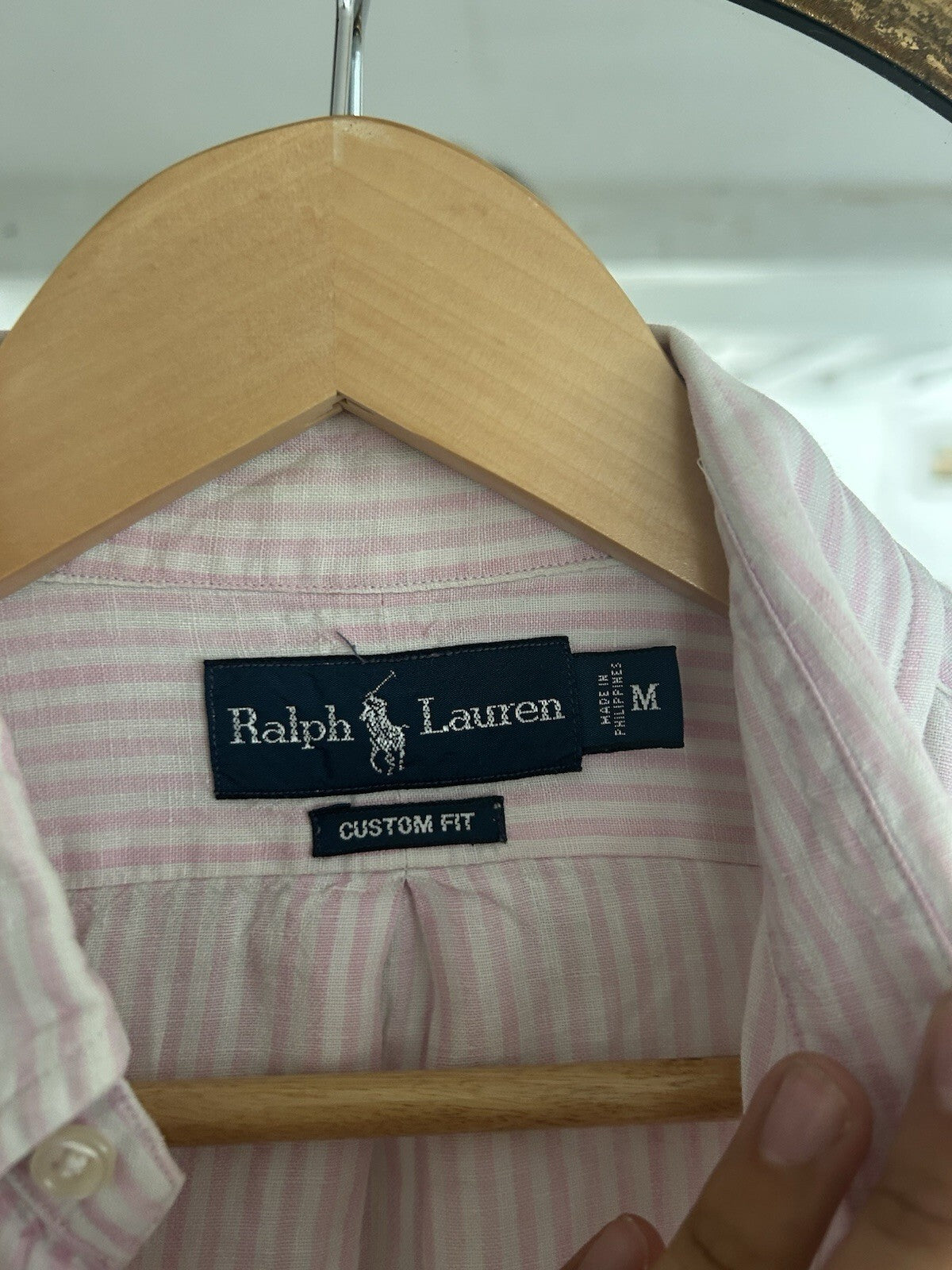 Ralph Lauren 100% Linen Pink And White Striped Long-Sleeved Shirt, Size M
