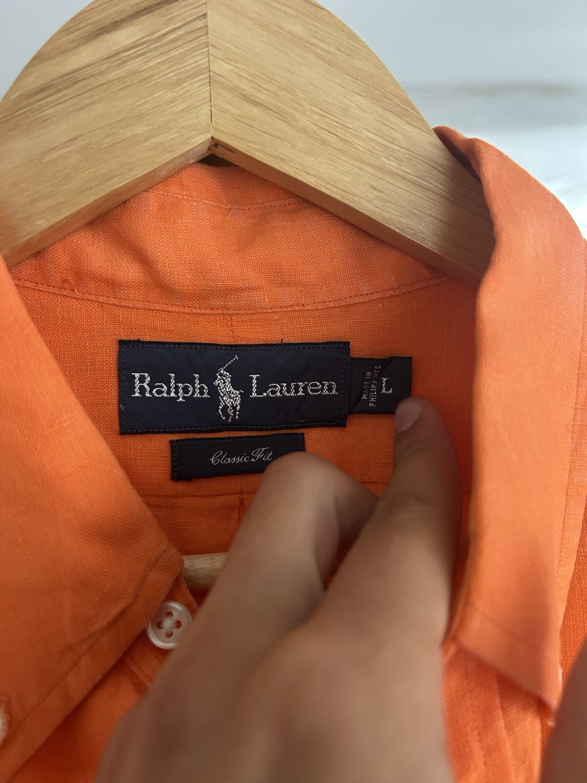 Ralph Lauren 100% Linen Solid Orange Long-Sleeved Shirt, Size L - Classic Fit
