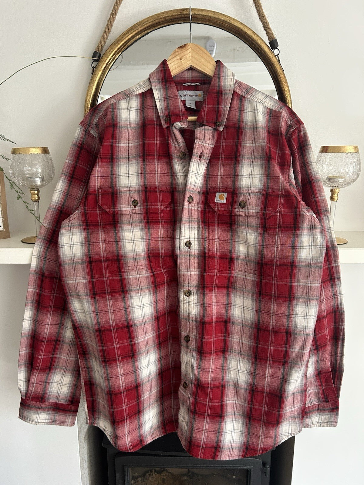 Carhartt Red And White Checked Heavyweight Cotton Shirt, Size M - Relaxed Fit