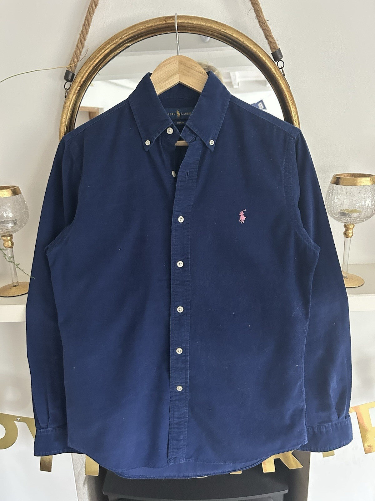 Ralph Lauren Navy Corduroy Long-Sleeved Shirt, Size S - Slim Fit