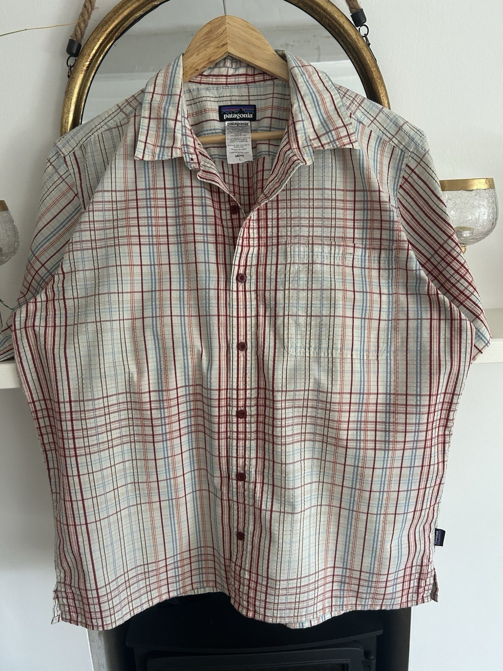 Patagonia Puckerware Shirt Mens L Plaid Seersucker Short Sleeve Organic Cotton