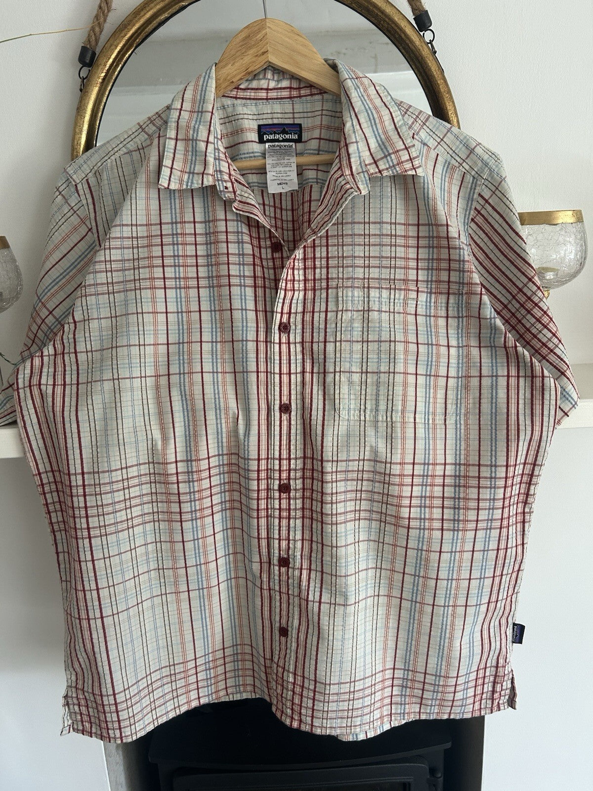 Patagonia Puckerware Shirt Mens L Plaid Seersucker Short Sleeve Organic Cotton