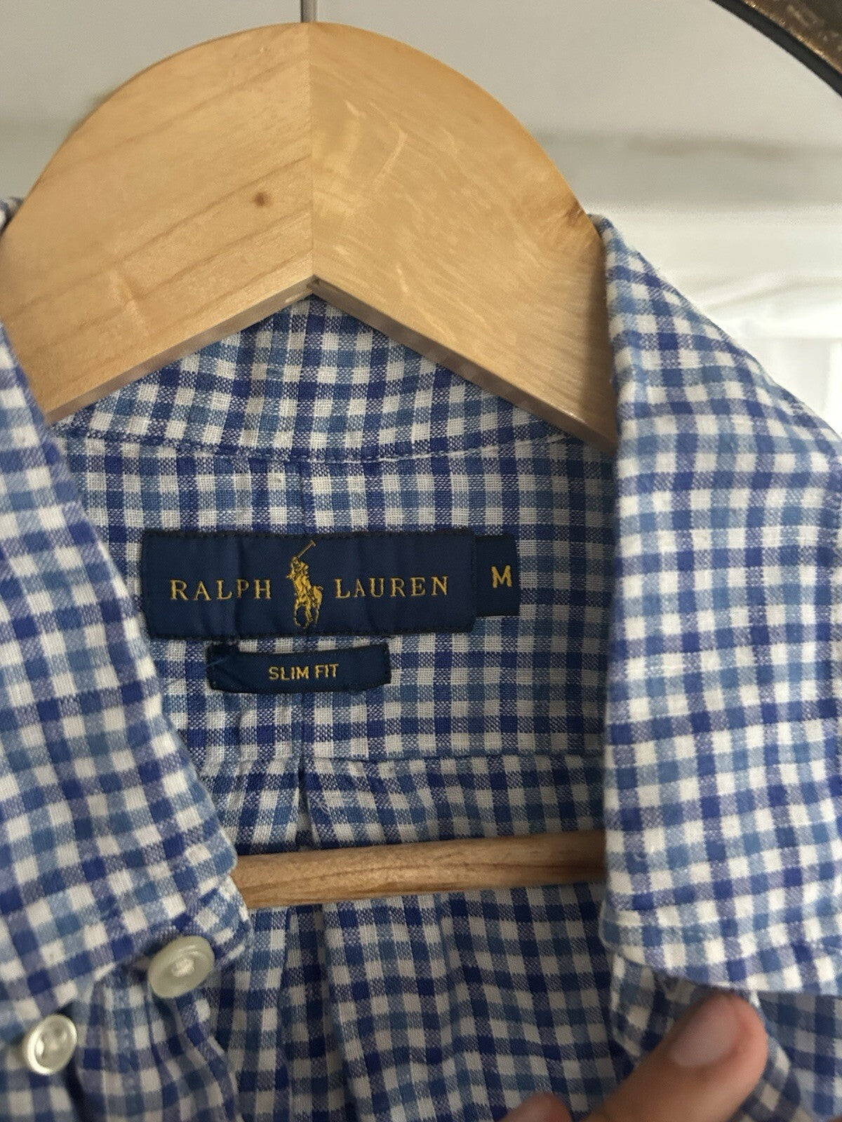 Ralph Lauren 100% Linen Navy And White Check Long-Sleeved Shirt, Size M-Slim Fit