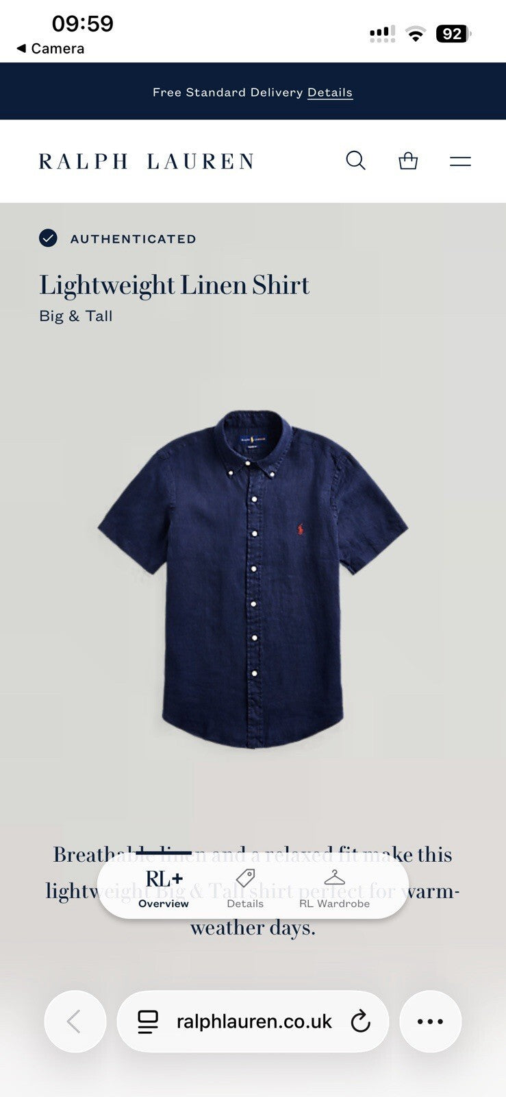 Ralph Lauren 100% Linen Navy Short-Sleeved Shirt- Authenticated, Size 2XL Tall