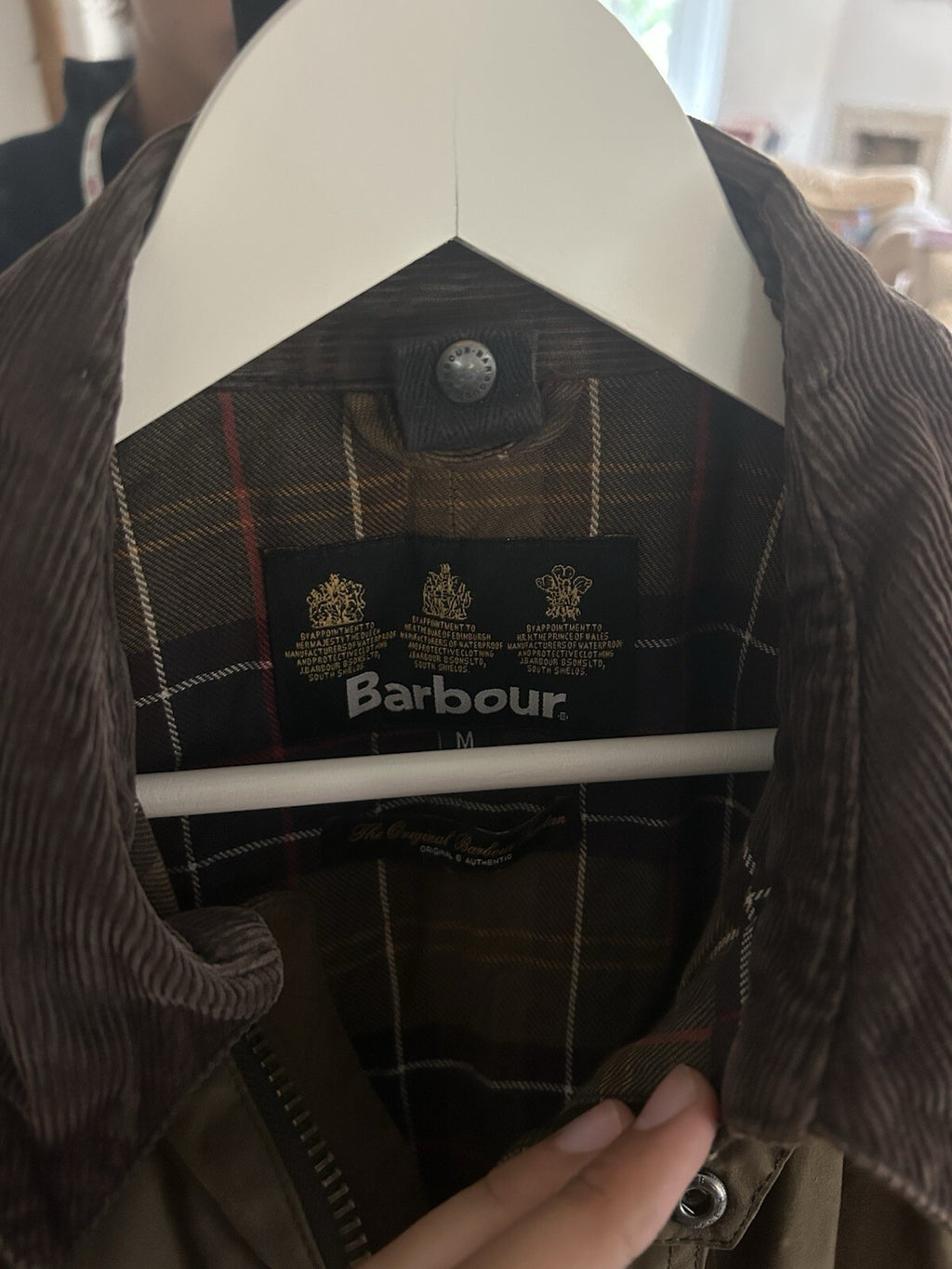 Barbour Bristol Wax Jacket Olive Green Medium M Tartan Lined Country Coat
